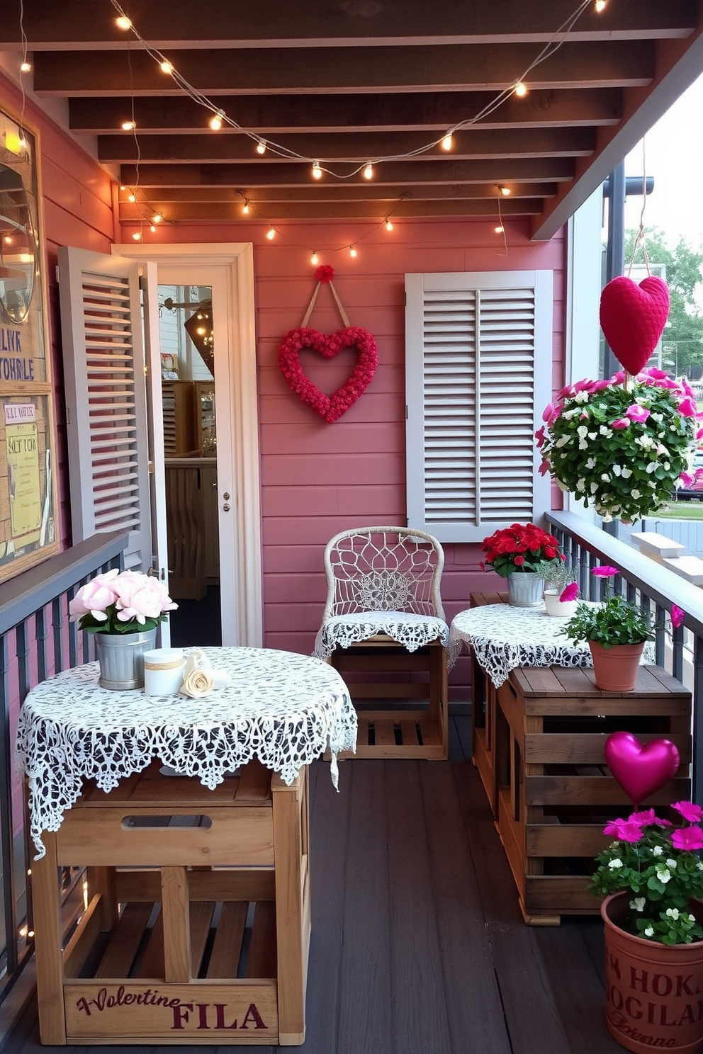 A charming balcony adorned for Valentine's Day features wooden crates repurposed as rustic tables, each topped with delicate lace tablecloths. Soft fairy lights drape overhead, casting a warm glow, while potted flowers add a touch of color to the romantic setting.