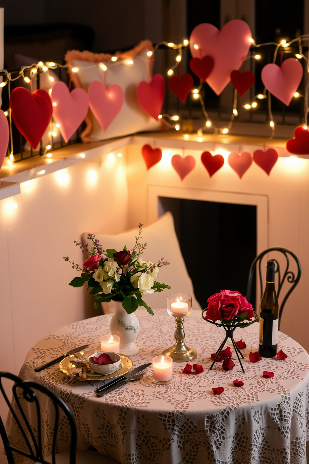 A romantic table setting adorned with soft, flickering candlelight creates an intimate atmosphere. The table is draped with a delicate lace tablecloth, featuring elegant dinnerware and fresh flowers in a vintage vase. A charming balcony decorated for Valentine's Day showcases twinkling fairy lights and plush cushions. Heart-shaped decorations hang from the railing, while a small bistro table is set for two, complete with a bottle of wine and chocolates.