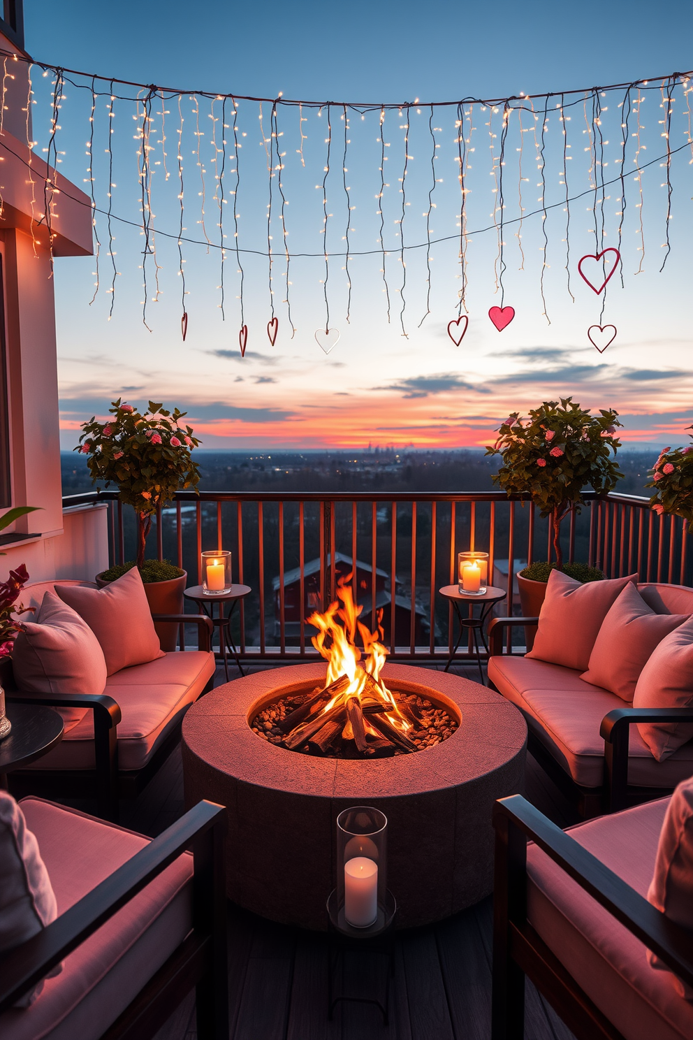 A cozy fire pit sits at the center of a romantic balcony, surrounded by plush seating adorned with soft, inviting cushions. Twinkling fairy lights drape overhead, casting a warm glow, while elegant candles flicker on small side tables, creating an intimate ambiance for a perfect Valentine's Day evening. Lush potted plants frame the balcony, adding a touch of greenery and life to the space. Delicate heart-shaped decorations hang from the railing, complementing the soft hues of the sunset in the background, enhancing the romantic atmosphere.