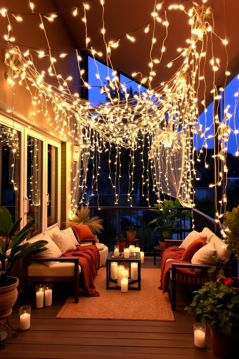 A romantic balcony adorned with a hanging fairy light canopy creates an enchanting atmosphere for Valentine's Day. Strings of warm white fairy lights drape gracefully overhead, casting a soft glow over the space. Cozy seating is arranged with plush cushions and throws, inviting couples to relax and enjoy the ambiance. Potted plants and candles are strategically placed to enhance the romantic setting, making it the perfect spot for a memorable evening.