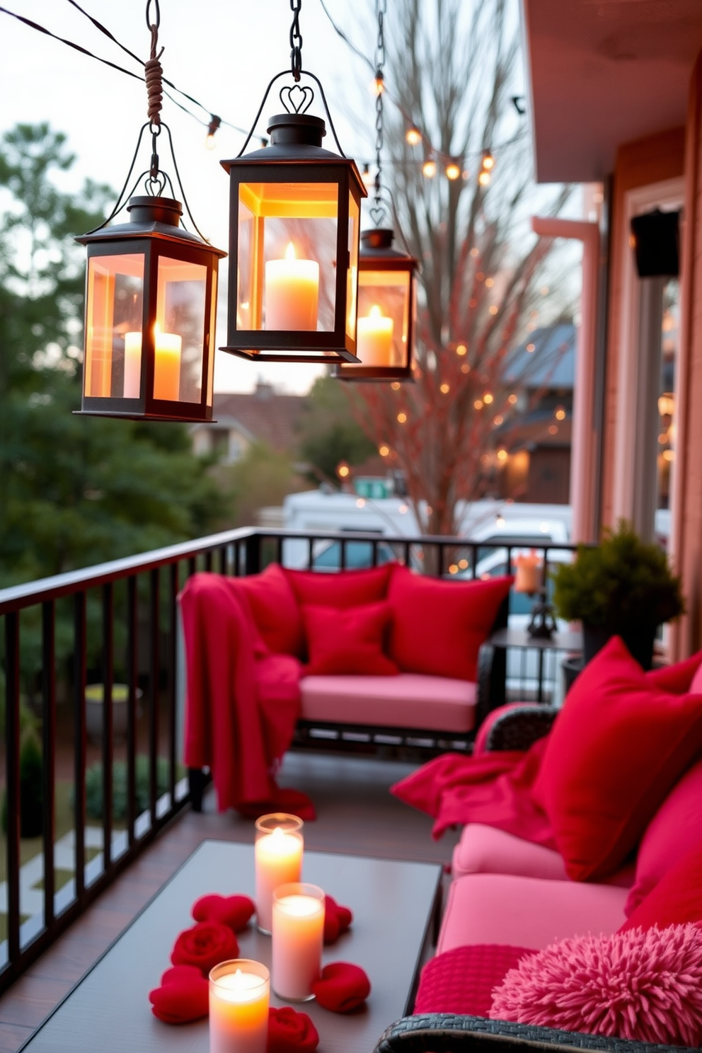 A romantic balcony setting adorned with hanging lanterns featuring soft LED candles that emit a warm glow. The space is decorated with plush cushions and throws in shades of red and pink, creating an inviting atmosphere for a Valentine's Day celebration.