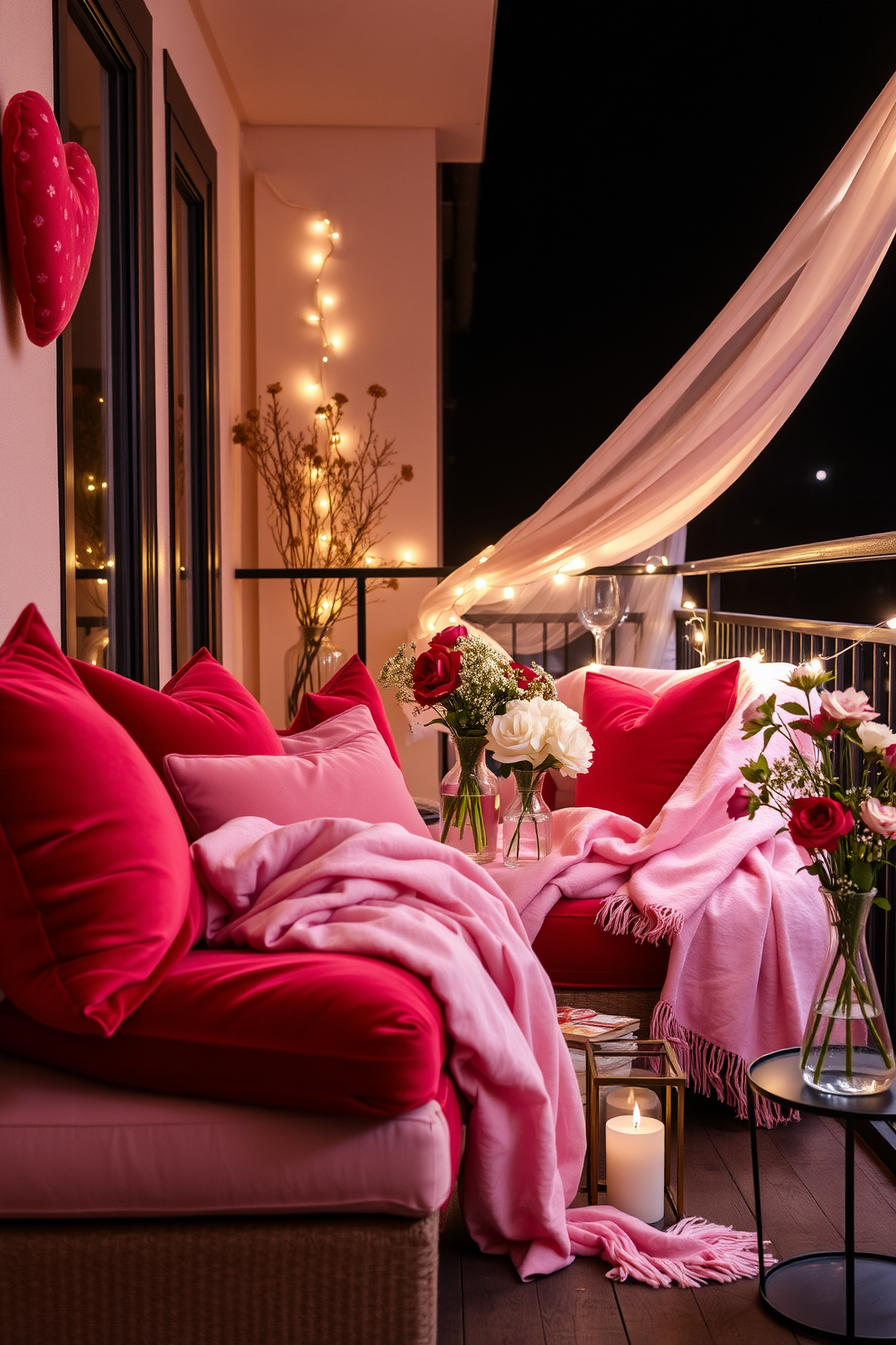 A cozy balcony setting adorned with plush velvet cushions in deep red and soft pink hues, creating a warm and inviting atmosphere. Delicate throws are draped over the seating, adding texture and comfort for a romantic evening under the stars. Soft fairy lights are strung along the balcony railing, casting a gentle glow that enhances the intimate vibe. Fresh flowers in elegant vases are placed strategically, bringing a touch of nature and romance to the Valentine's Day decor.