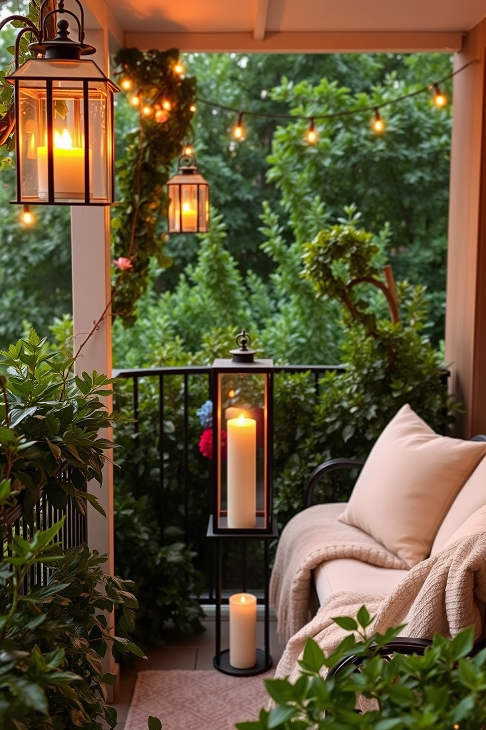 A romantic balcony setting adorned with candles in elegant glass lanterns, casting a warm, inviting glow. Lush greenery surrounds the space, complemented by soft pillows and cozy throws on a stylish outdoor seating arrangement.