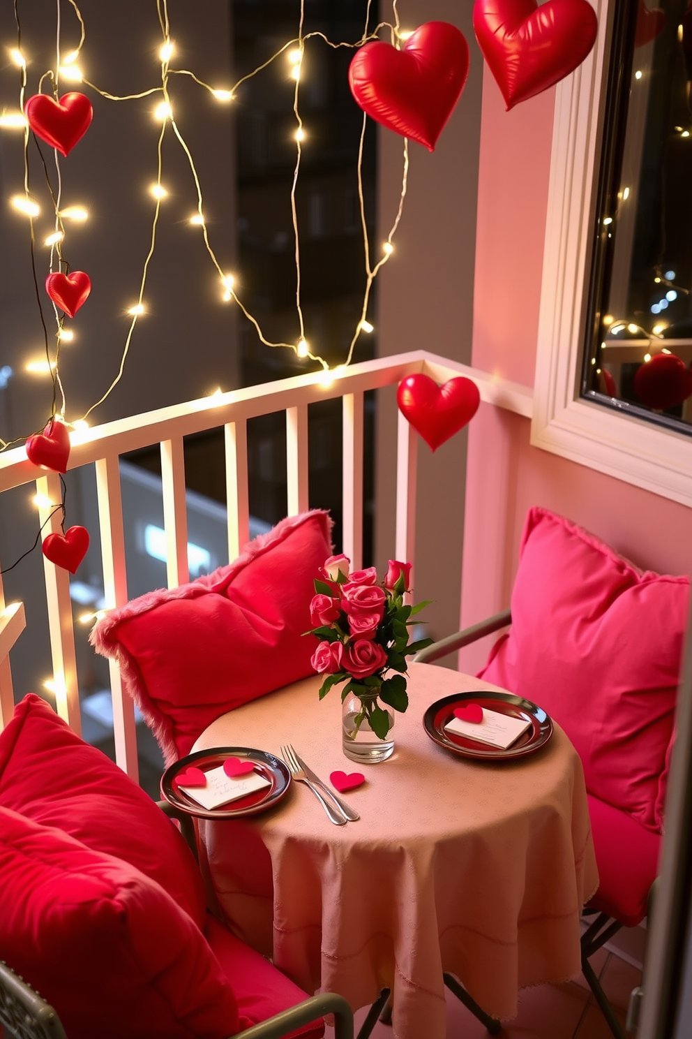 A charming balcony setting adorned for Valentine's Day. Twinkling fairy lights drape across the railing, while plush cushions in shades of red and pink invite cozy seating. A small table is set for two, featuring a delicate tablecloth and a vase of fresh roses at the center. Handwritten love notes are tucked under the plates, adding a personal touch to the romantic atmosphere.