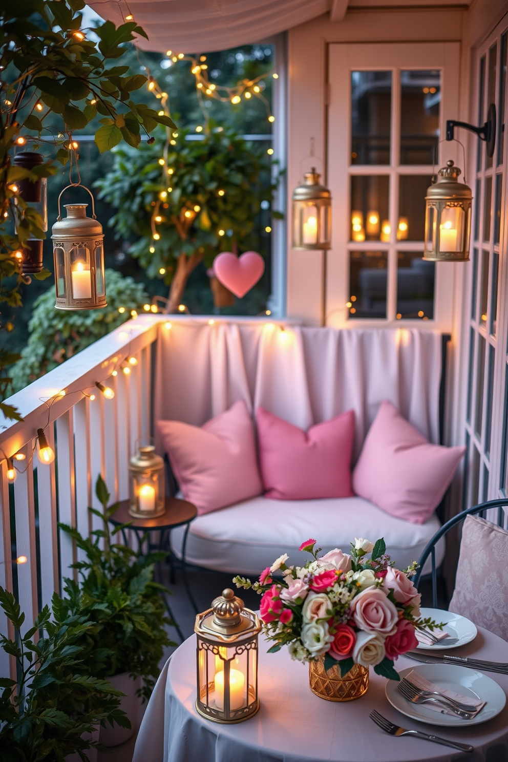 A charming balcony adorned with vintage lanterns, creating a warm and inviting atmosphere for a romantic Valentine's Day setting. The lanterns are hung from the balcony railing and placed on small tables, casting a soft glow over the space, complemented by lush greenery and delicate fairy lights. The balcony features a cozy seating arrangement with plush cushions in soft pastel colors, perfect for an intimate evening. A table is set with elegant dinnerware and a bouquet of fresh flowers, enhancing the romantic ambiance for a memorable celebration.