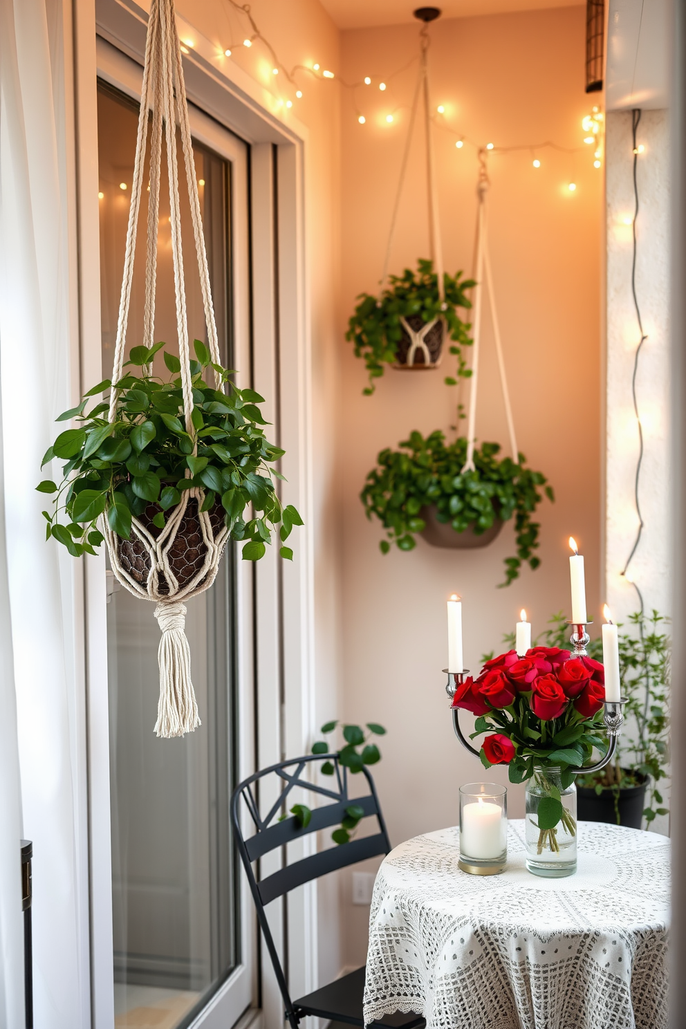 A cozy balcony adorned with hanging macrame planters filled with lush green plants. Soft fairy lights twinkle overhead, creating a warm and inviting atmosphere perfect for relaxation. For a romantic Valentine's Day setting, the balcony features a small bistro table draped with a delicate lace tablecloth. A bouquet of red roses sits at the center, flanked by flickering candles in elegant holders, enhancing the intimate ambiance.