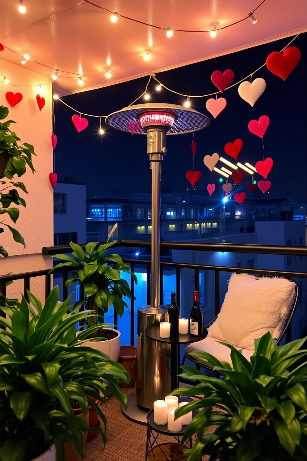 A cozy balcony adorned for Valentine's Day, featuring a stylish outdoor heater that emits a warm glow. The space is decorated with string lights overhead and plush cushions on a bistro set, creating an inviting atmosphere for a romantic evening. Lush potted plants frame the balcony, adding a touch of greenery and vibrancy. Heart-shaped decorations hang from the railing, and a small table is set with candles and a bottle of wine, perfect for a special celebration.