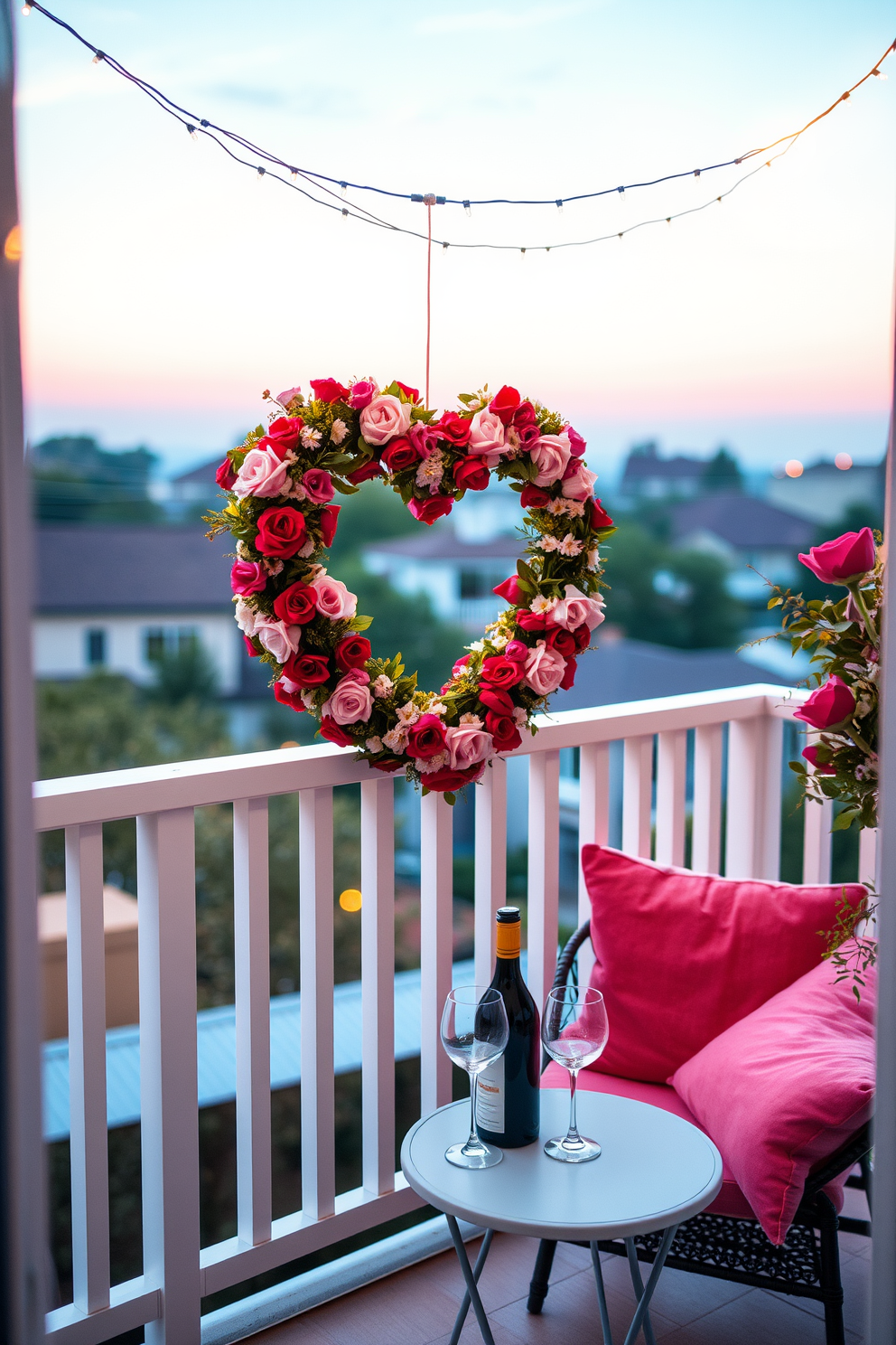 A charming balcony adorned for Valentine's Day features a heart-shaped wreath made of fresh flowers, elegantly hung on the railing. Soft fairy lights twinkle above, creating a warm and inviting ambiance for a romantic evening. The balcony is decorated with plush cushions in shades of pink and red, inviting couples to relax and enjoy the view. A small table is set with a bottle of wine and two glasses, completing the perfect romantic setting.