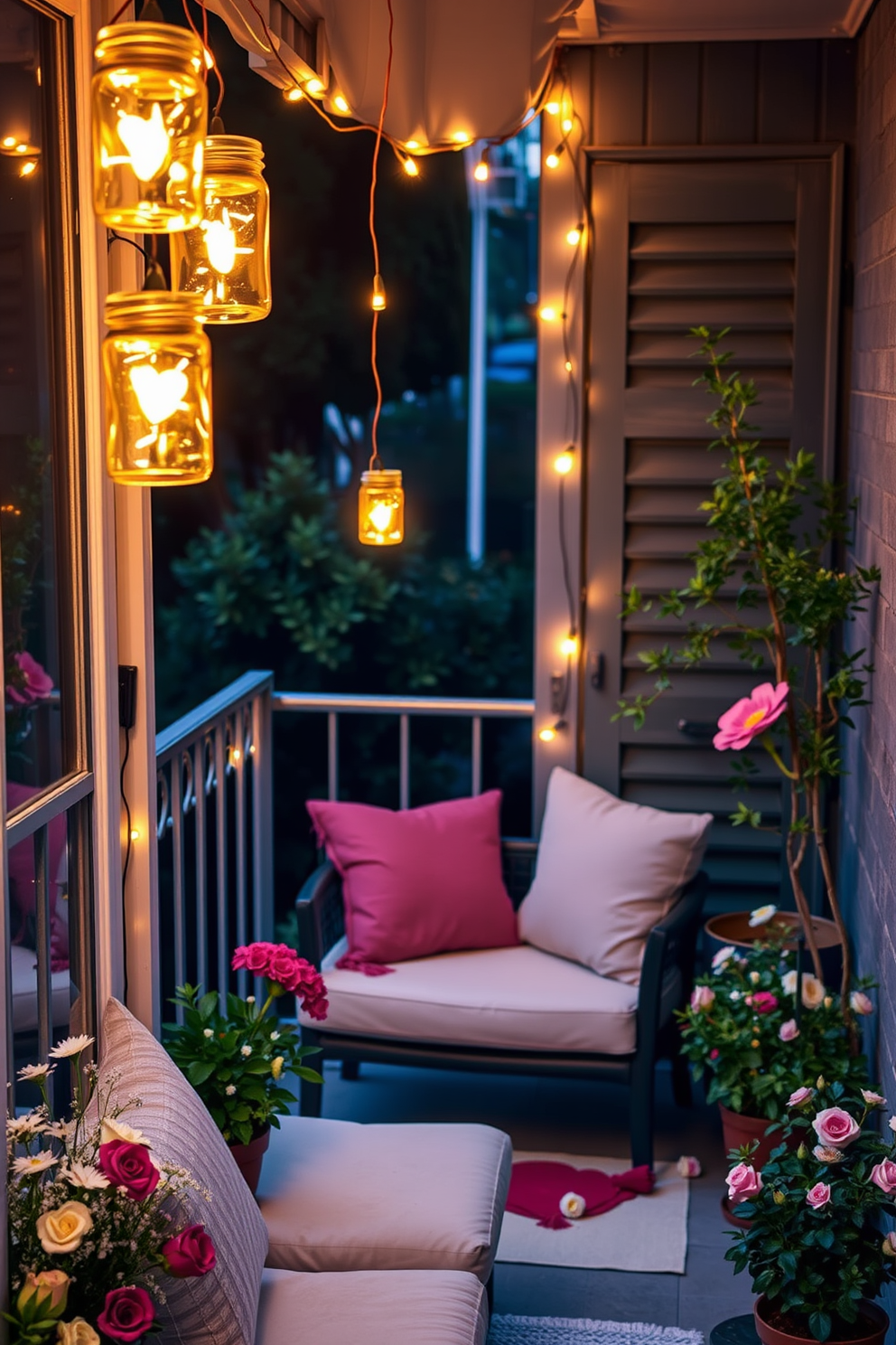 A romantic balcony setting adorned with warm fairy light jars hanging from the railing, casting a soft glow over the space. The balcony features a cozy seating arrangement with plush cushions, surrounded by potted plants and delicate flowers, creating an intimate atmosphere perfect for Valentine's Day.