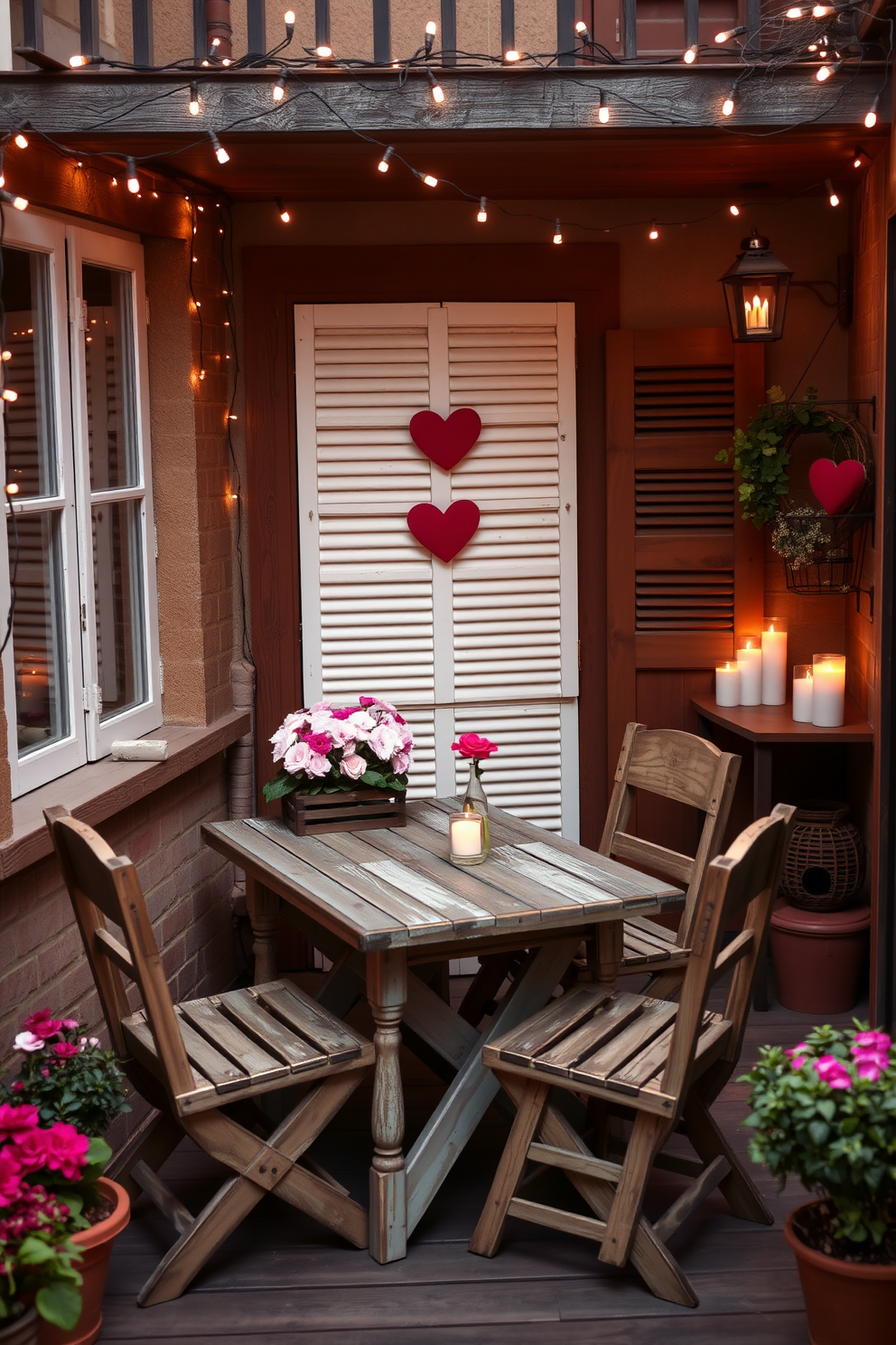 A charming balcony adorned with rustic wooden furniture, featuring a weathered wooden table surrounded by matching chairs. Delicate fairy lights are strung overhead, casting a warm glow, while potted flowers and candles create an inviting atmosphere for a romantic Valentine's Day celebration.