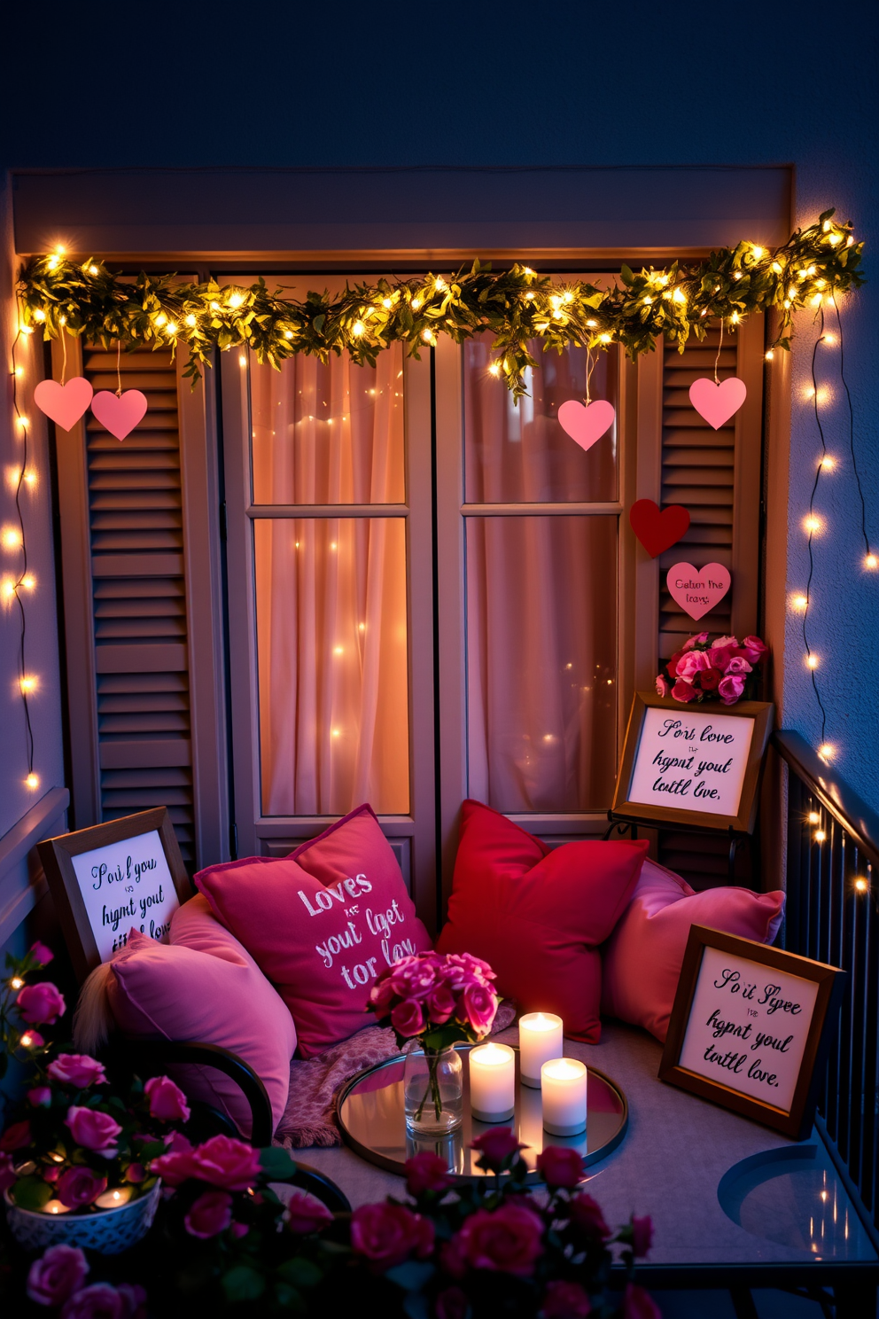 A charming balcony adorned for Valentine's Day, featuring soft string lights draped above and heart-shaped garlands hanging from the railing. A cozy seating area includes plush cushions in shades of pink and red, complemented by a small table set with candles and a bouquet of fresh roses. Romantic quote signs are strategically placed around the balcony, each framed elegantly and illuminated by the warm glow of fairy lights. The atmosphere is enhanced by the scent of blooming flowers, creating an intimate and inviting space perfect for celebrating love.