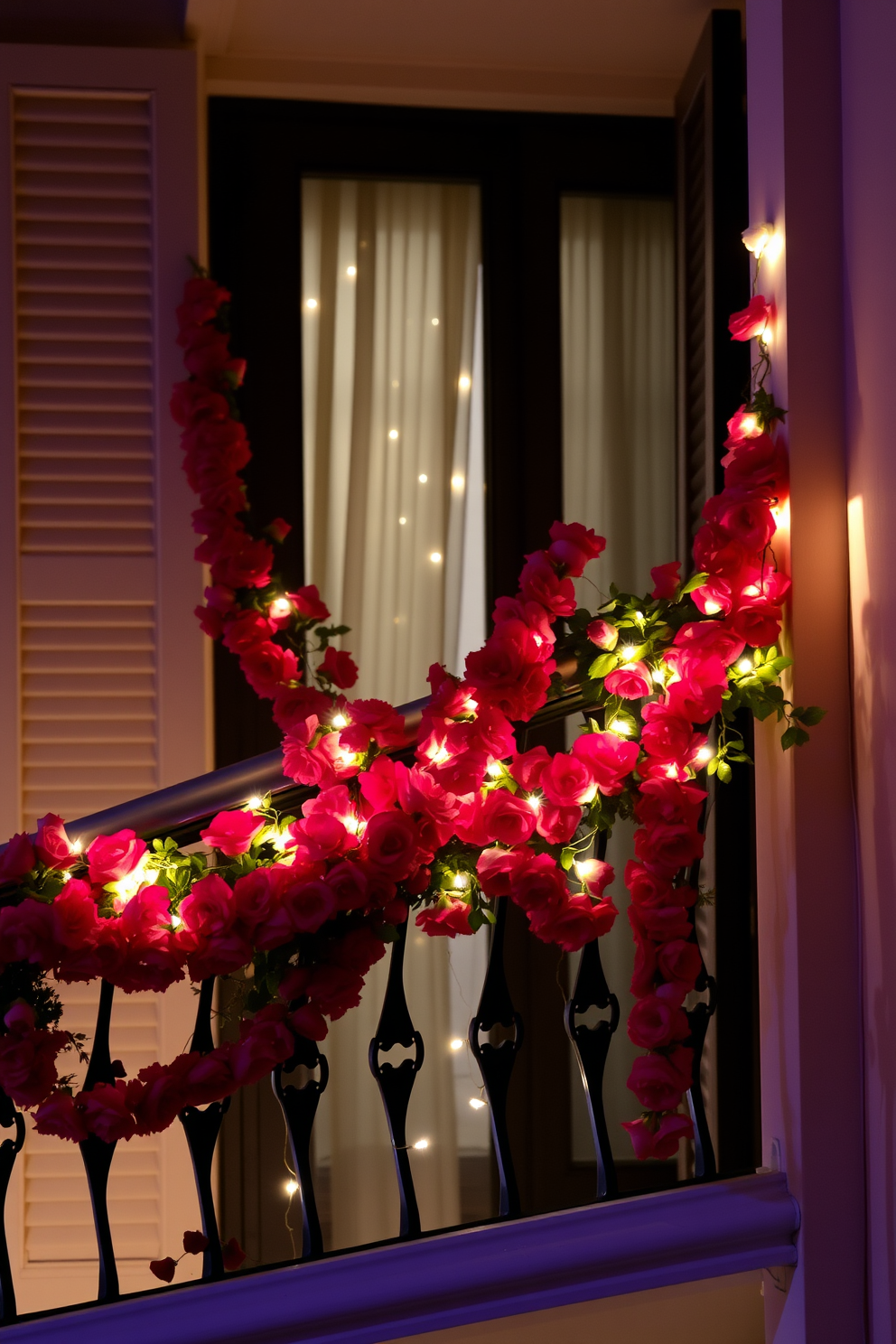 A romantic balcony adorned with vibrant floral garlands drapes elegantly along the railing. Soft, twinkling fairy lights intertwine with the flowers, casting a warm glow over the space, perfect for a Valentine's Day celebration.