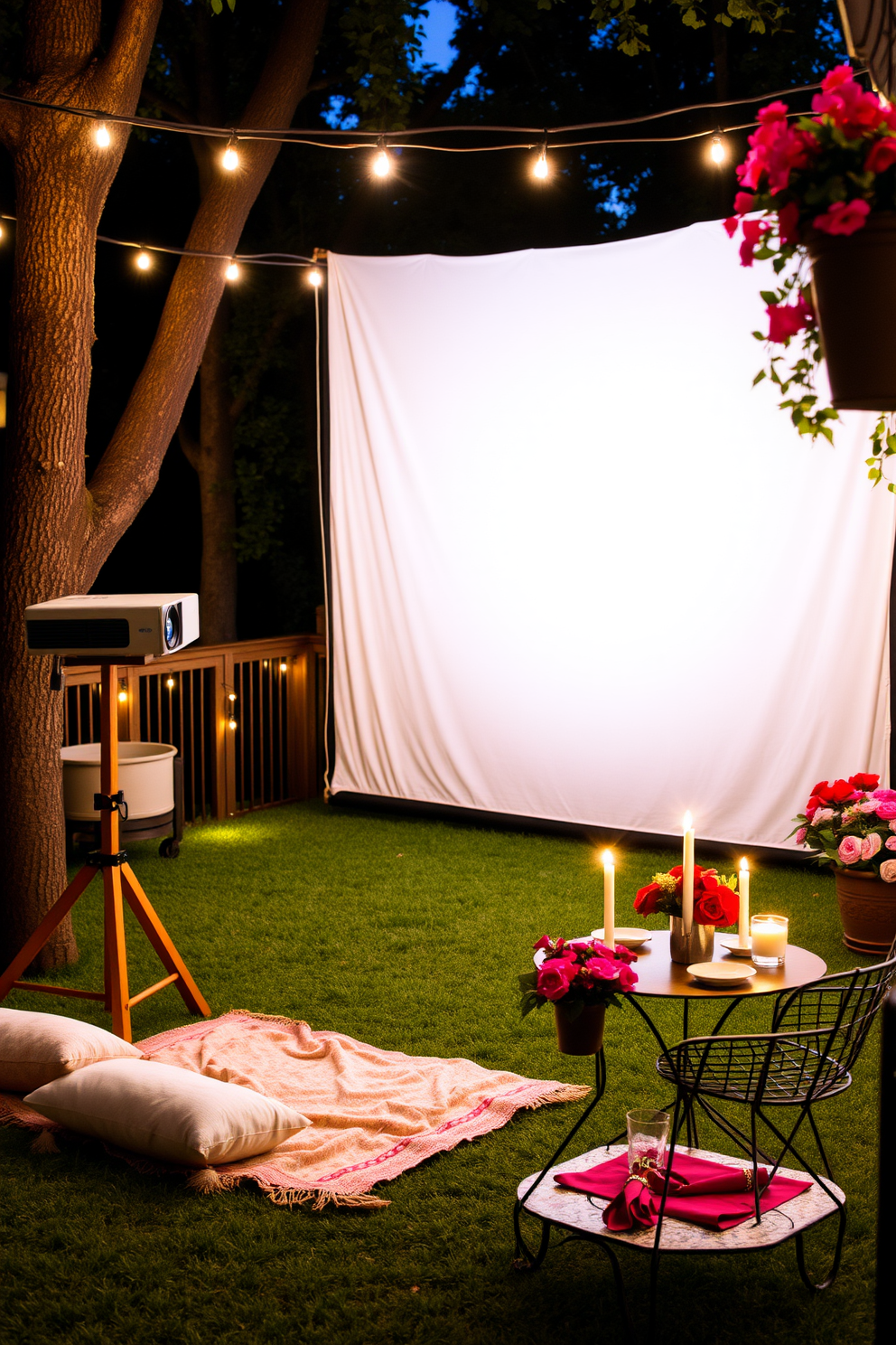 A cozy outdoor movie setup features a sleek projector mounted on a wooden stand, casting a film onto a white screen draped between two trees. Surrounding the screen, string lights twinkle overhead, creating a magical atmosphere, while plush blankets and cushions are arranged on the grass for comfortable seating. The romantic balcony is adorned with soft, ambient lighting and vibrant red and pink flowers in decorative pots. A small bistro table is set for two, complete with elegant dinnerware and candles, inviting couples to enjoy a delightful Valentine's Day dinner under the stars.