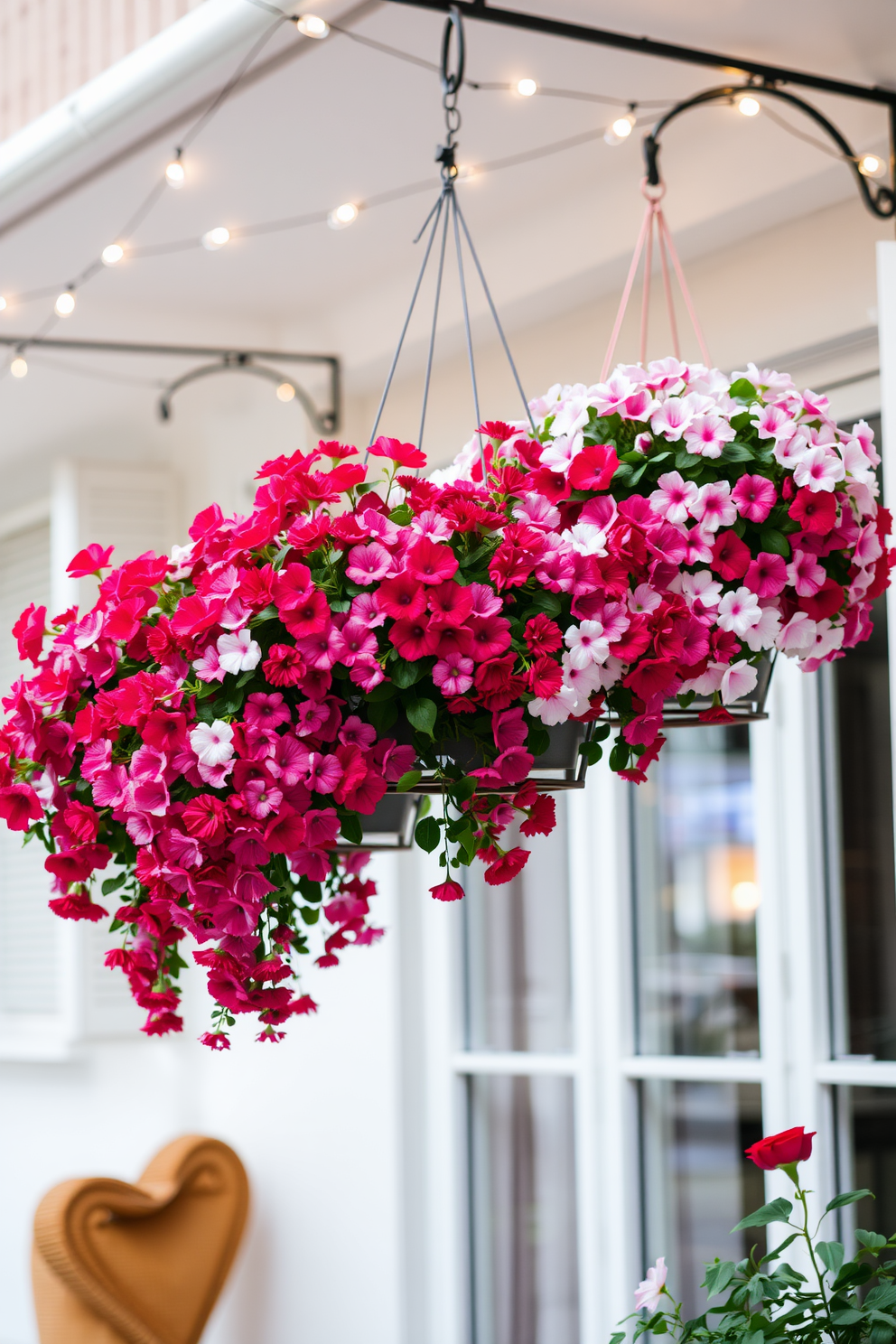 A charming balcony adorned with hanging flower baskets overflowing with vibrant blooms in shades of pink, red, and white. Soft fairy lights twinkle above, creating a warm and inviting atmosphere perfect for a romantic Valentine's Day celebration.