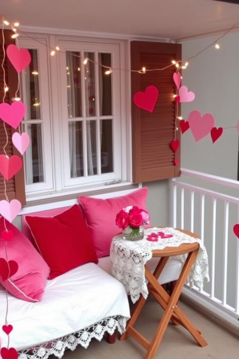 A charming balcony adorned with handmade DIY decorations for a romantic Valentine's Day setting. String lights twinkle overhead, casting a warm glow on a cozy seating area featuring plush cushions in shades of red and pink. A small wooden table is set for two, draped with a delicate lace tablecloth and topped with a vase of fresh roses. Heart-shaped garlands hang from the balcony railing, creating an inviting atmosphere perfect for a romantic evening.