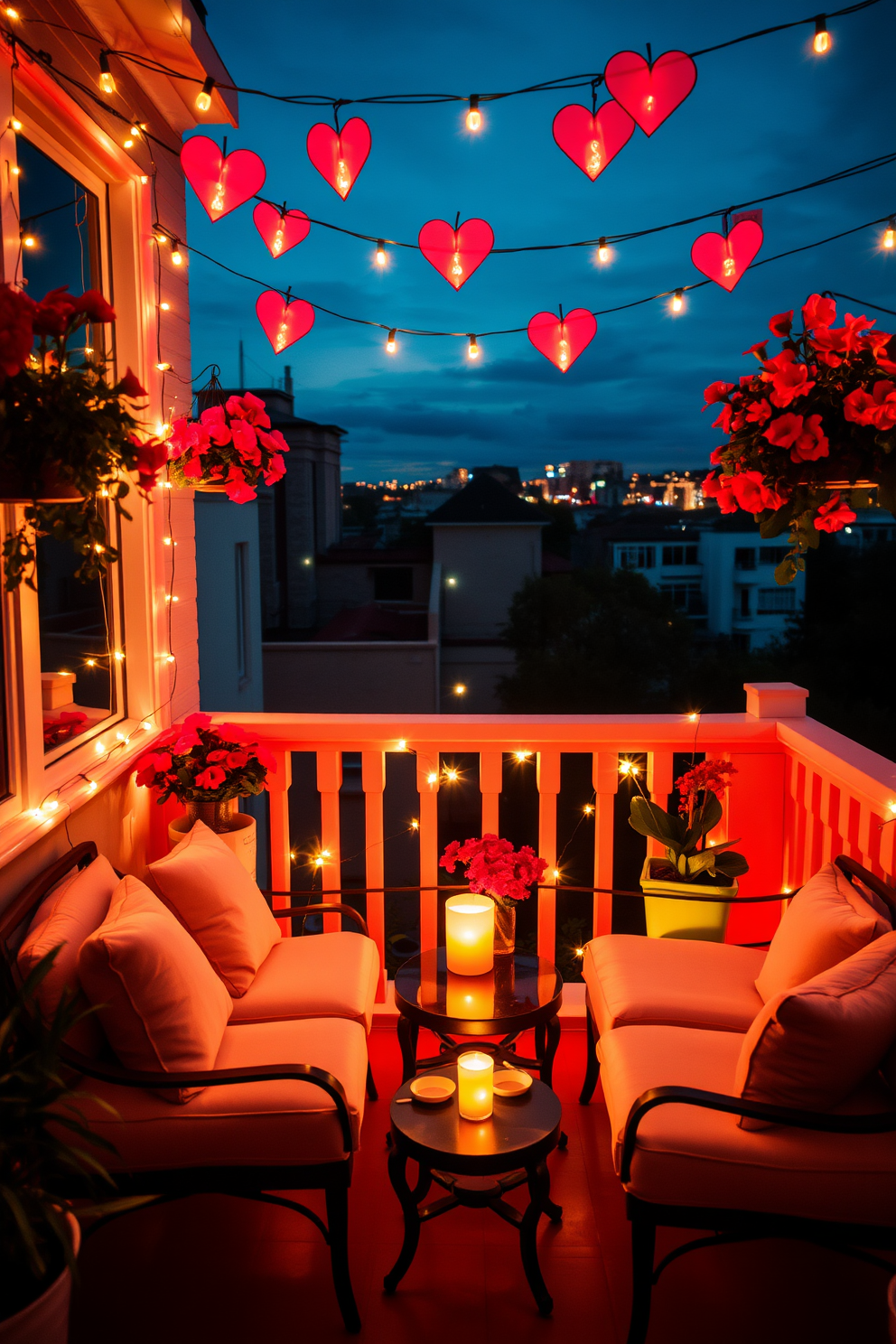 A romantic balcony adorned with string lights shaped like hearts creates an enchanting atmosphere. The soft glow of the lights illuminates the space, casting a warm and inviting ambiance perfect for a Valentine's Day celebration. Elegant seating arrangements with plush cushions invite couples to relax and enjoy the view. Potted plants and hanging flowers add a touch of nature, enhancing the romantic vibe of the balcony setting.