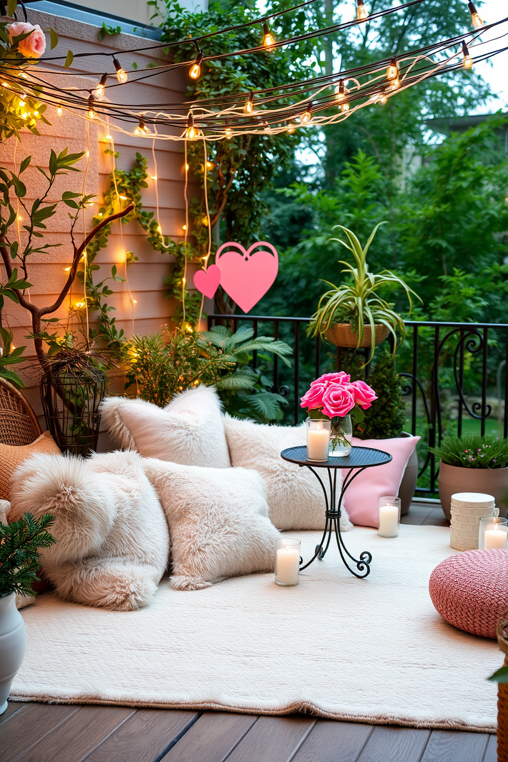 A cozy outdoor setting featuring a soft, textured rug in a neutral tone, complemented by an array of plush pillows in shades of blush and cream. Surrounding the space, lush greenery and twinkling fairy lights create an enchanting atmosphere perfect for relaxation. For a romantic balcony, delicate string lights drape overhead, illuminating a small bistro table adorned with a vase of fresh roses. Heart-shaped decorations and candles add a warm touch, making it an ideal spot for a Valentine's Day celebration.