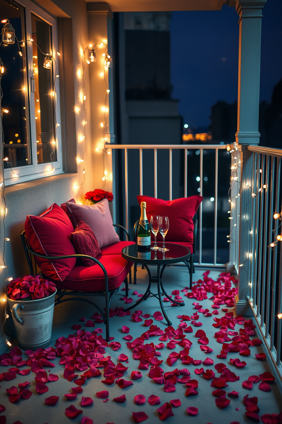 A romantic balcony setting adorned with scattered rose petals on the floor creates an enchanting atmosphere. Soft, twinkling fairy lights drape along the railing, illuminating the space with a warm, inviting glow. A cozy seating area features plush cushions in shades of red and pink, perfect for a Valentine's Day celebration. A small table is set with a bottle of champagne and elegant glassware, inviting couples to enjoy a magical evening under the stars.