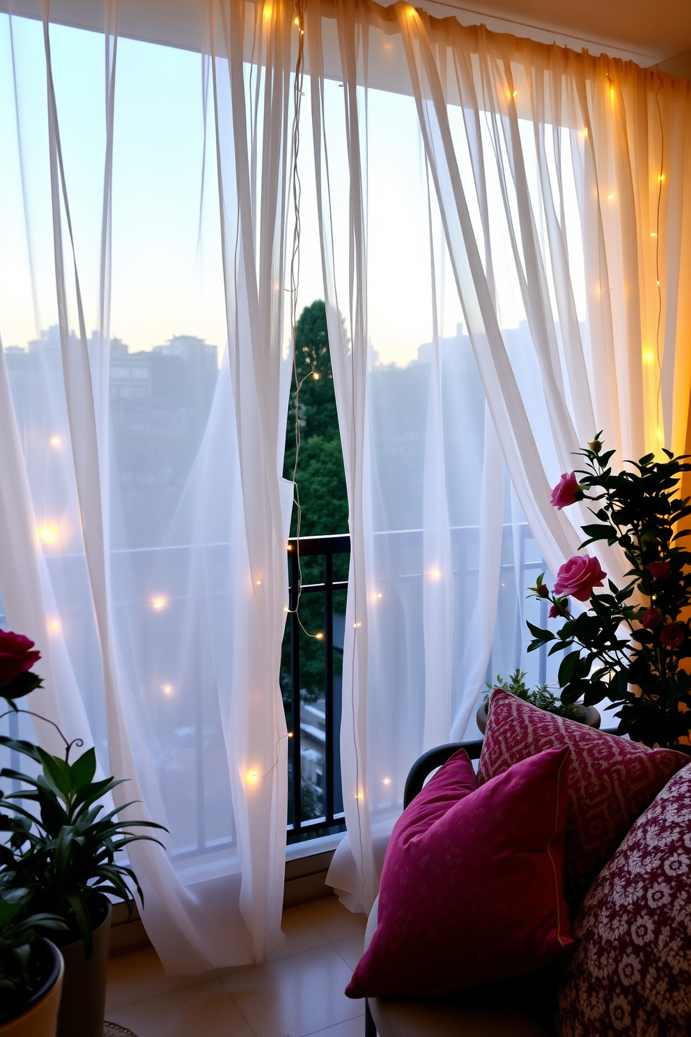 A romantic balcony setting adorned with sheer curtains that gently billow in the breeze, providing a sense of privacy while allowing soft natural light to filter through. The space is decorated with lush potted plants, twinkling fairy lights, and a cozy seating area featuring plush cushions, perfect for a Valentine's Day retreat.