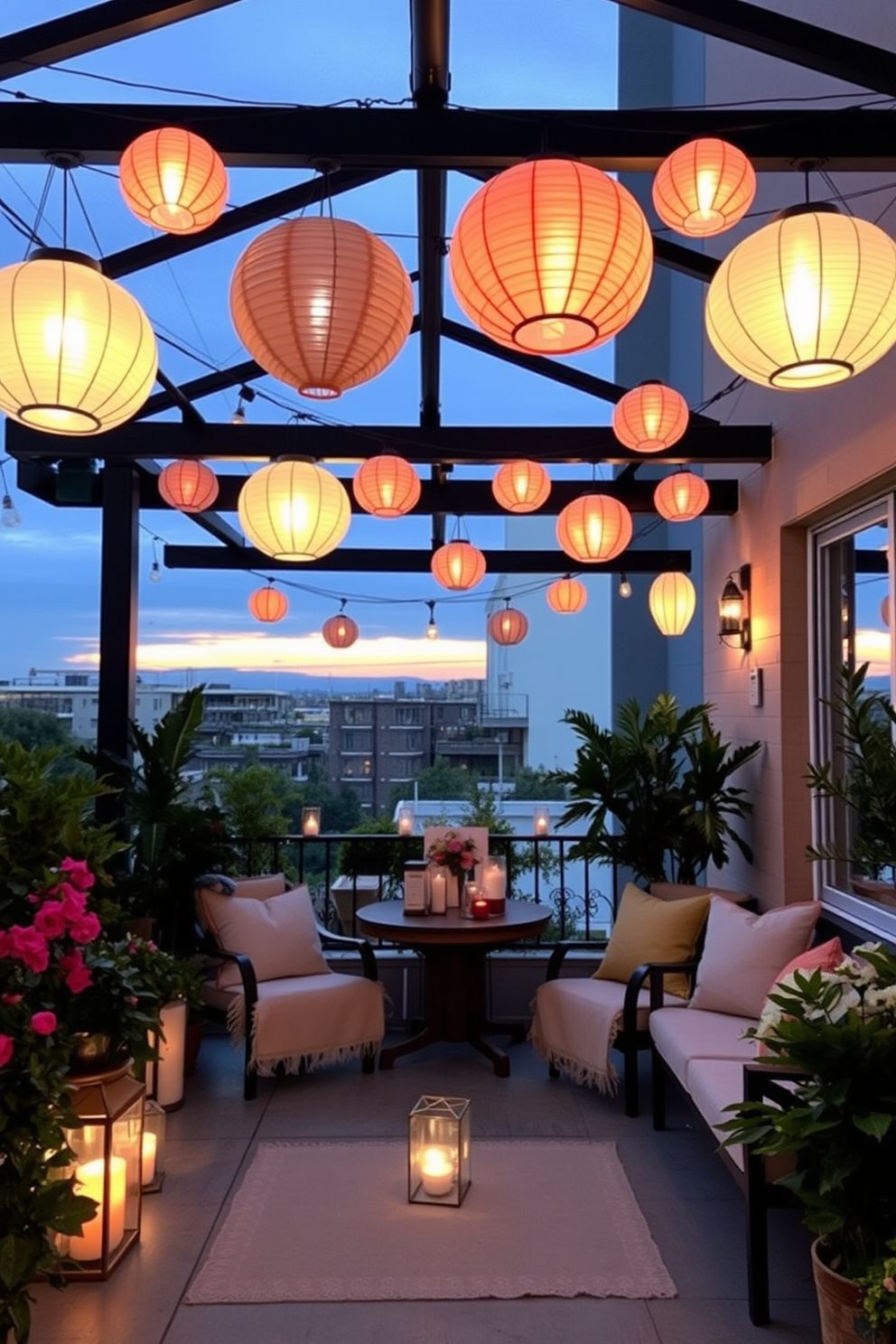 A romantic balcony setting adorned with hanging paper lanterns, casting a warm glow in the evening light. The balcony is decorated with lush greenery, cozy seating, and soft textiles, creating an inviting atmosphere for a perfect Valentine's Day celebration.