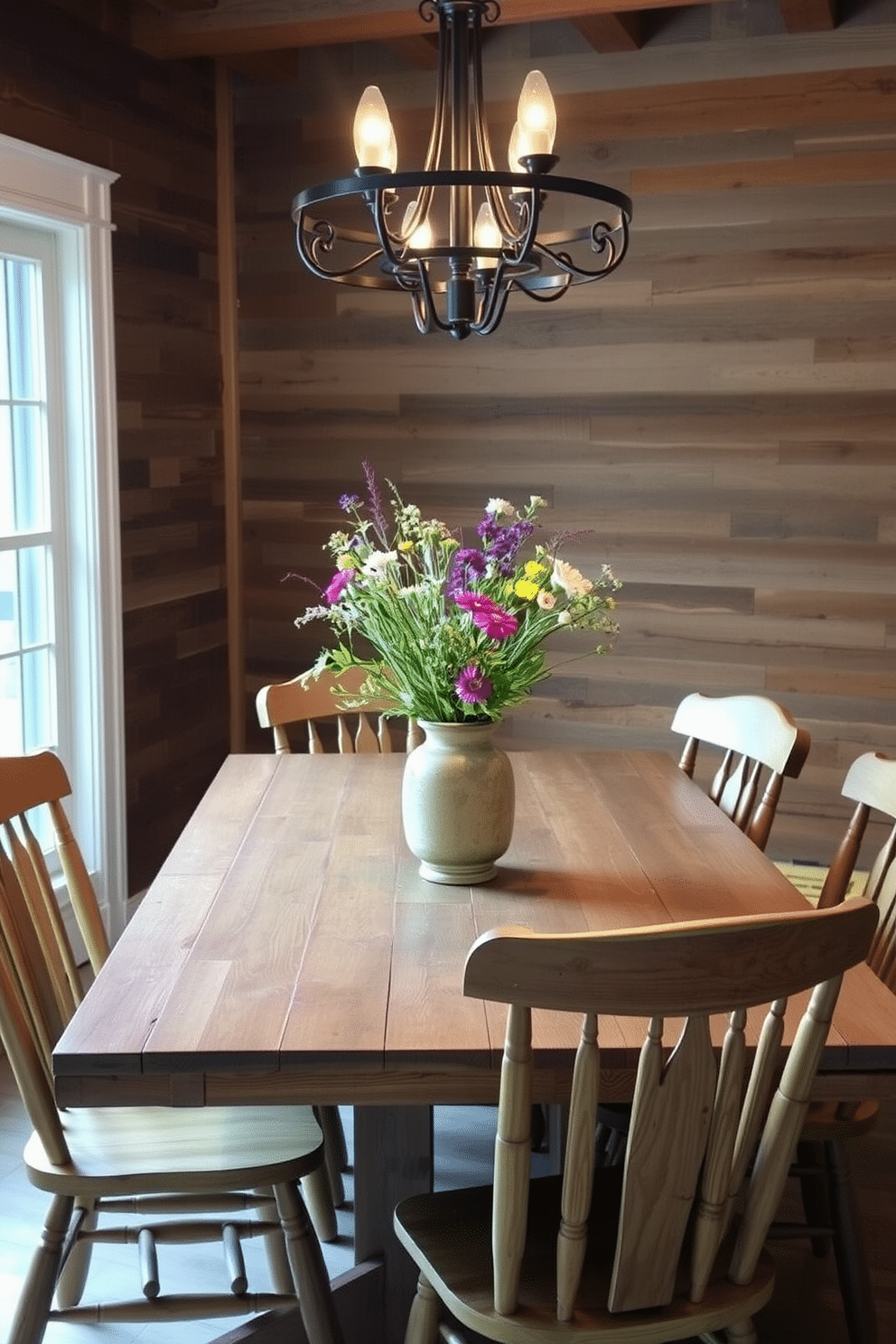 A rustic wooden dining table is adorned with a centerpiece arrangement of wildflowers in a vintage ceramic vase. Surrounding the table are mismatched wooden chairs, each with a unique finish, creating a warm and inviting atmosphere. The walls are clad in reclaimed barn wood, adding texture and character to the space. Soft, ambient lighting from a wrought iron chandelier casts a cozy glow over the dining area, enhancing the rustic charm.