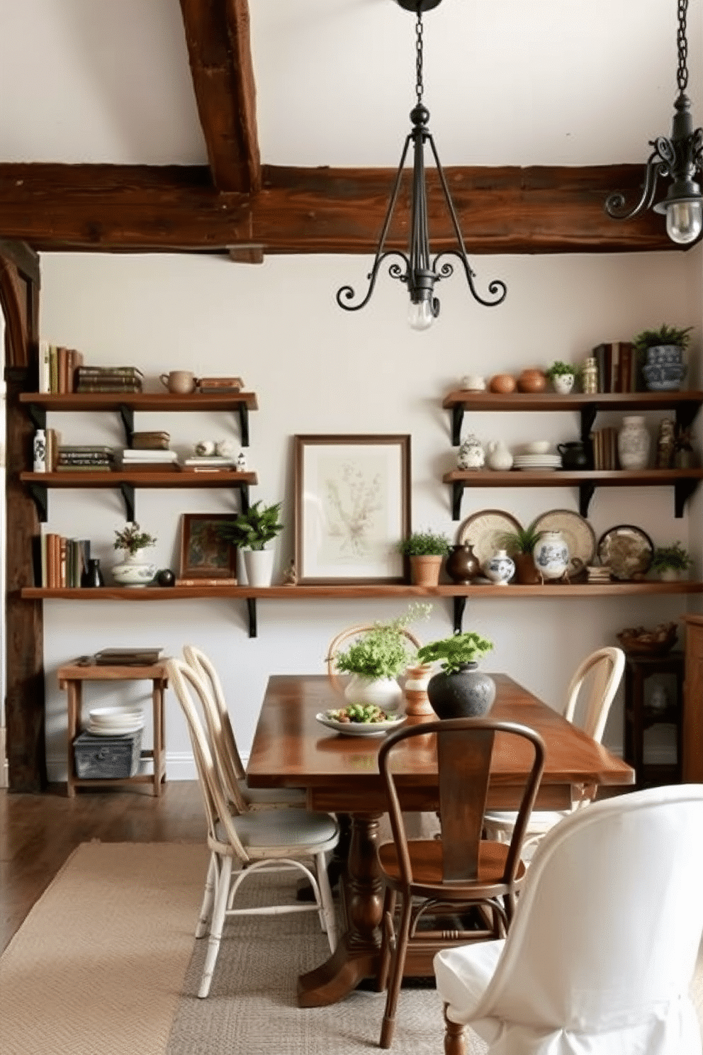 A cozy rustic dining room features wall-mounted shelves adorned with decorative items, including vintage books, potted plants, and handmade ceramics. The warm wooden table, surrounded by mismatched chairs, complements the exposed beam ceiling and soft, ambient lighting from wrought iron fixtures.