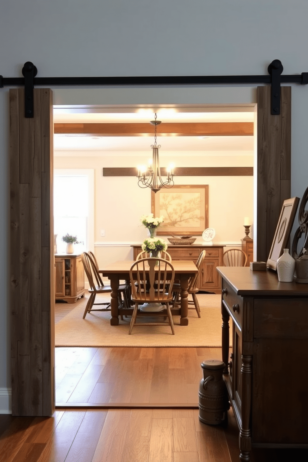 A charming farmhouse-style sliding barn door entrance welcomes you with its weathered wood finish and wrought iron hardware. The door slides smoothly along a rustic track, adding a touch of country elegance to the entryway. Inside, the rustic dining room features a large reclaimed wood table surrounded by mismatched chairs, creating a warm and inviting atmosphere. Soft, ambient lighting hangs above the table, while a vintage sideboard displays farmhouse decor and fresh flowers.