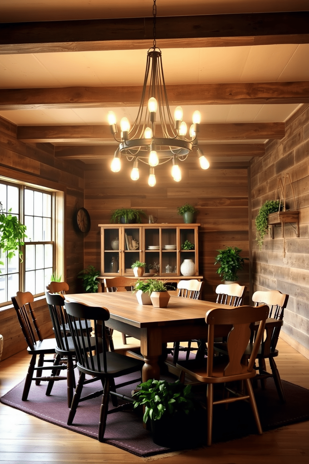 A rustic dining room features a stunning chandelier adorned with Edison bulbs, casting a warm, inviting glow over the space. The wooden dining table is surrounded by mismatched chairs, each with its own unique character, creating a cozy and eclectic atmosphere. The walls are clad in reclaimed wood, enhancing the rustic charm, while a large window allows natural light to flood the room. Accents of greenery, such as potted plants and fresh herbs, are scattered throughout, bringing life and vibrancy to the design.