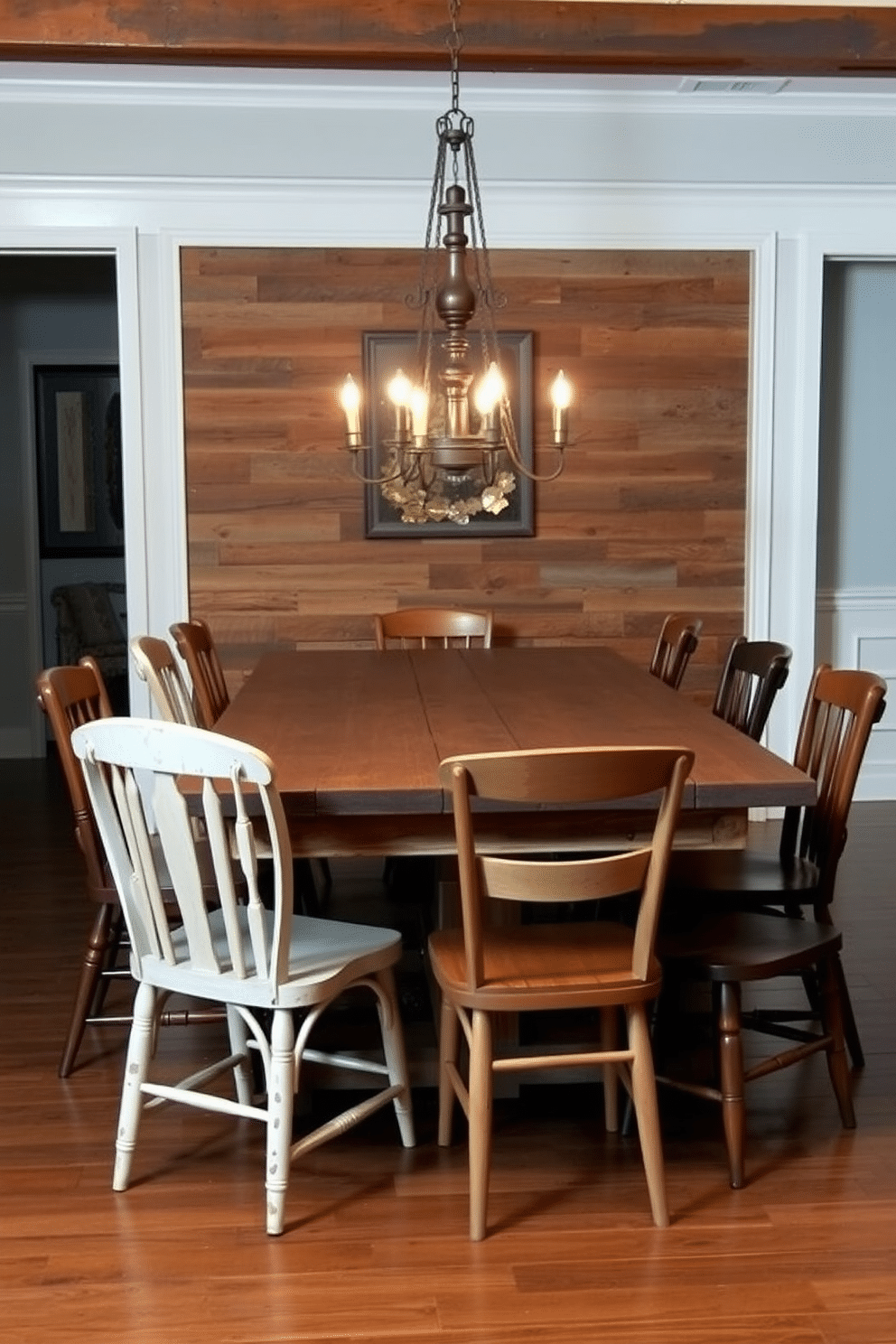 A rustic dining room features a large wooden table with a distressed paint finish, surrounded by mismatched chairs that add character and charm. The walls are adorned with reclaimed wood paneling, and a vintage chandelier hangs above the table, casting a warm glow over the space.