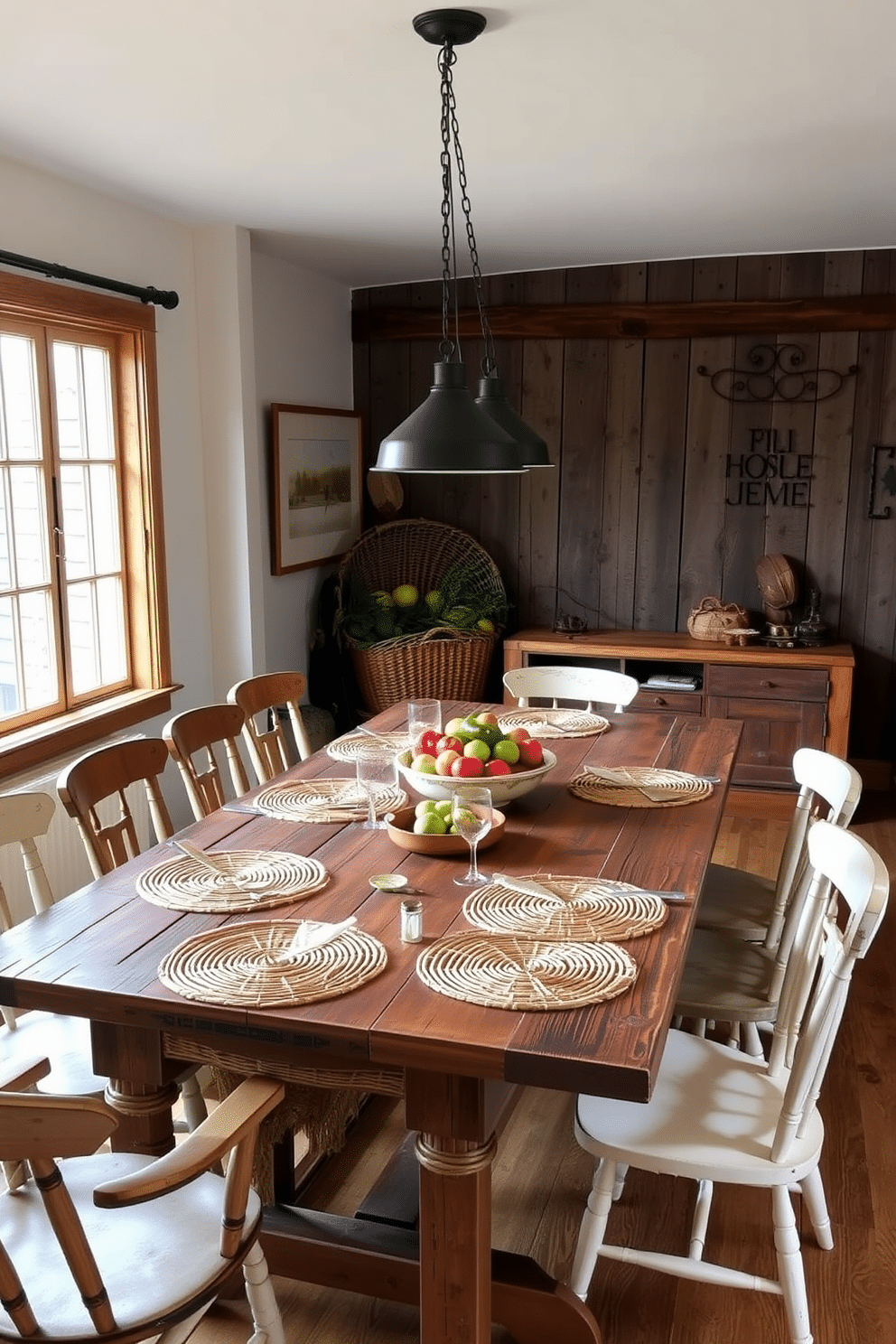 A rustic dining room features a large wooden table with a weathered finish, surrounded by mismatched chairs that add character. Woven placemats in earthy tones are laid out on the table, enhancing the cozy ambiance and inviting guests to gather around for meals. Soft, warm lighting from hanging pendant lamps illuminates the space, creating an inviting atmosphere. A large, woven basket filled with fresh produce sits in the corner, adding a touch of charm and a connection to nature.