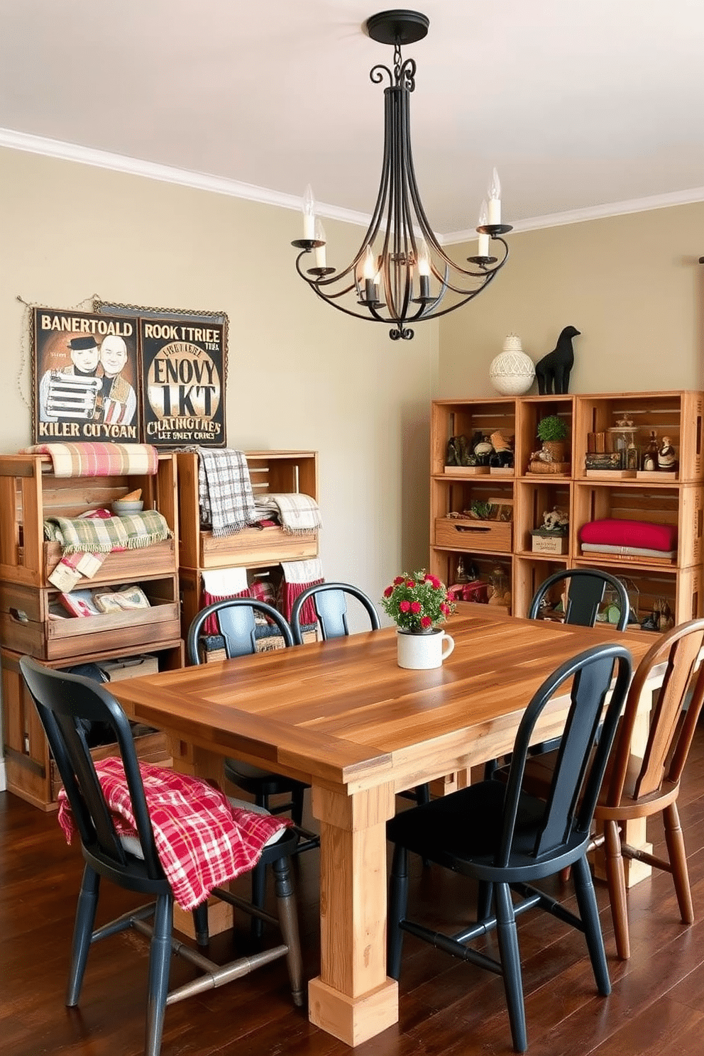 A rustic dining room features decorative wooden crates used as storage solutions, adding both charm and functionality to the space. The crates are stacked in a corner, filled with colorful throws and seasonal decor, enhancing the cozy atmosphere of the room. The dining table, made from reclaimed wood, is surrounded by mismatched chairs that complement the rustic theme. Above the table, a wrought iron chandelier hangs, casting a warm glow over the space and highlighting the natural textures of the wooden elements.