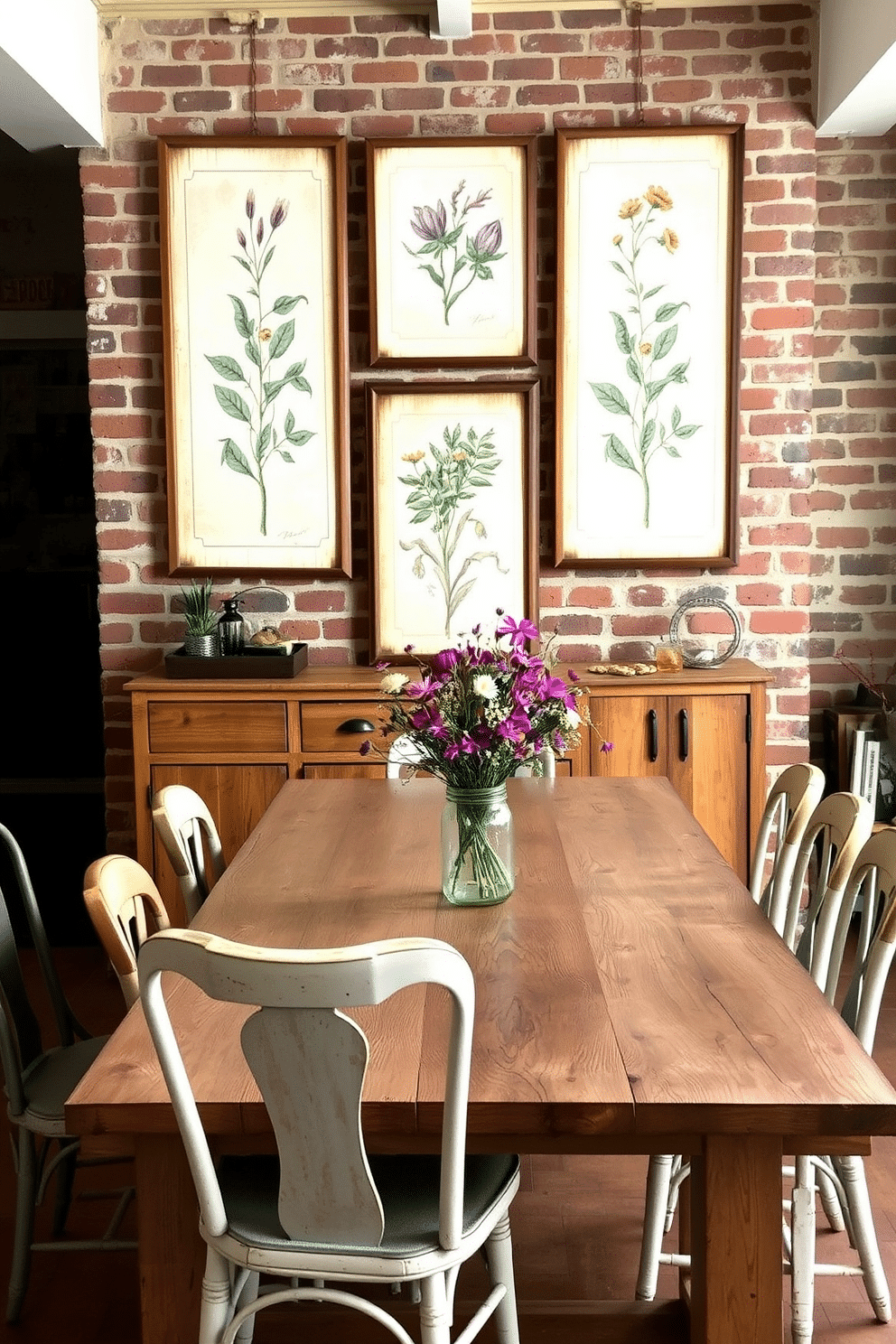 Vintage wall art with nature themes. The artwork features intricate botanical illustrations framed in distressed wood, creating a warm, inviting atmosphere. Rustic dining room design ideas. A large reclaimed wood table is surrounded by mismatched chairs, with a centerpiece of wildflowers in a mason jar, set against a backdrop of exposed brick walls.