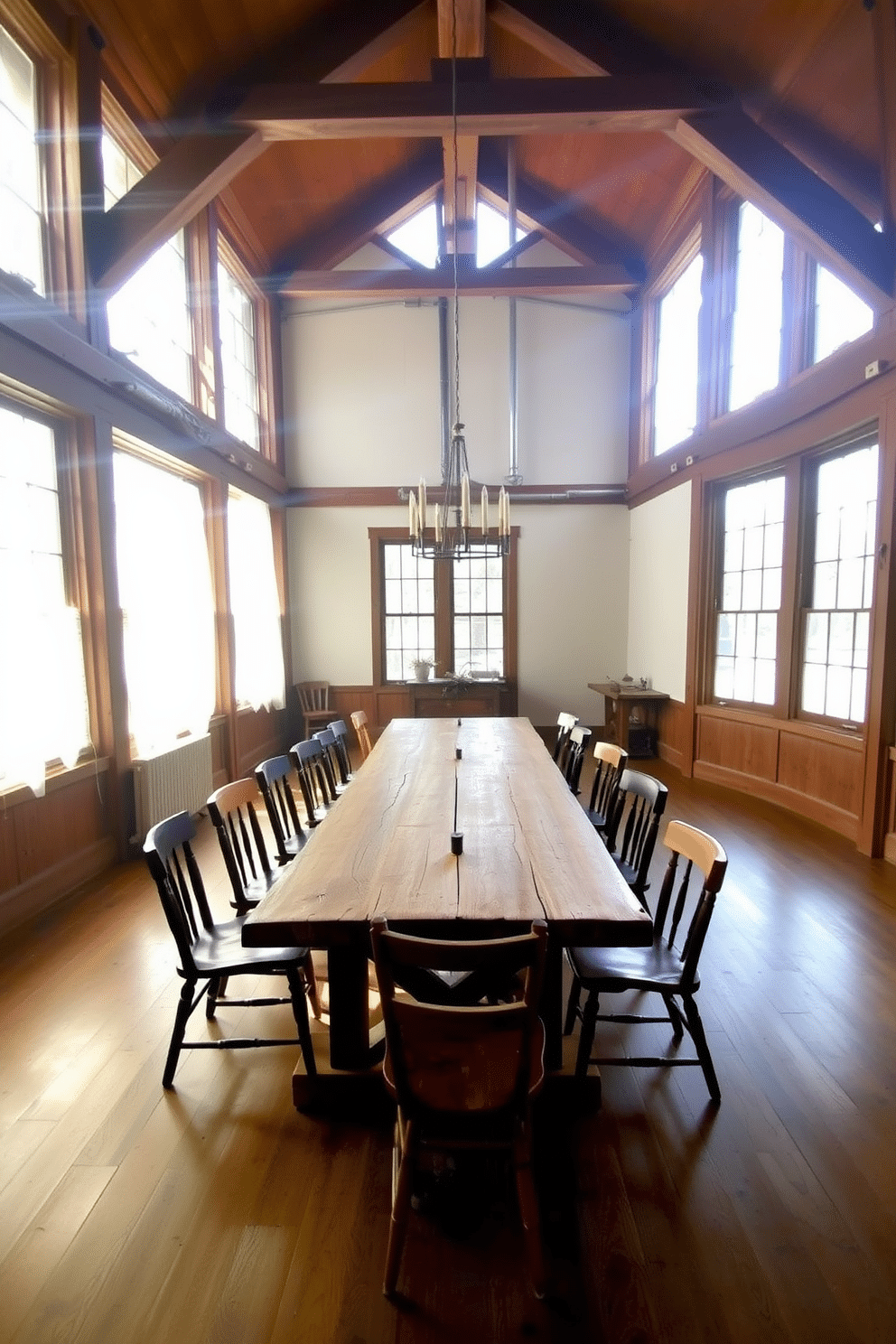 A rustic dining room bathed in natural light pours through large, floor-to-ceiling windows, illuminating the warm wooden beams of the ceiling. The centerpiece is a long, reclaimed wood table surrounded by mismatched chairs, creating an inviting atmosphere perfect for gatherings.