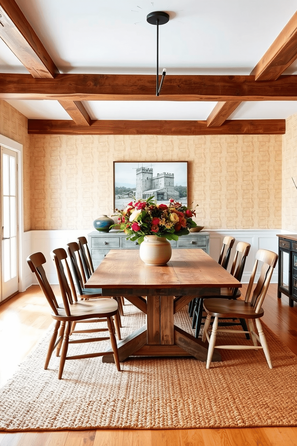 A rustic dining room featuring an earthy color palette with warm tones. The wooden dining table, made from reclaimed barn wood, is surrounded by mismatched chairs that add character and charm. The walls are adorned with textured beige wallpaper, complemented by exposed wooden beams on the ceiling. A large woven rug in warm hues anchors the space, while a centerpiece of seasonal flowers in a ceramic vase brings a touch of nature indoors.