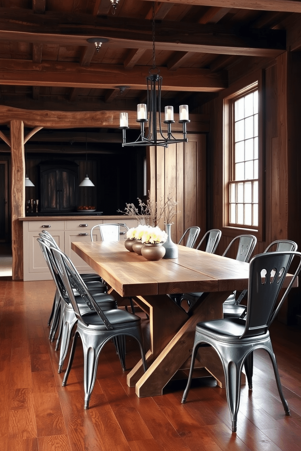 A rustic dining room features a reclaimed wooden table surrounded by vintage metal chairs, each with a distressed finish that adds character. The walls are adorned with exposed wooden beams, and a large window lets in natural light, illuminating the warm tones of the wood and the earthy decor elements.