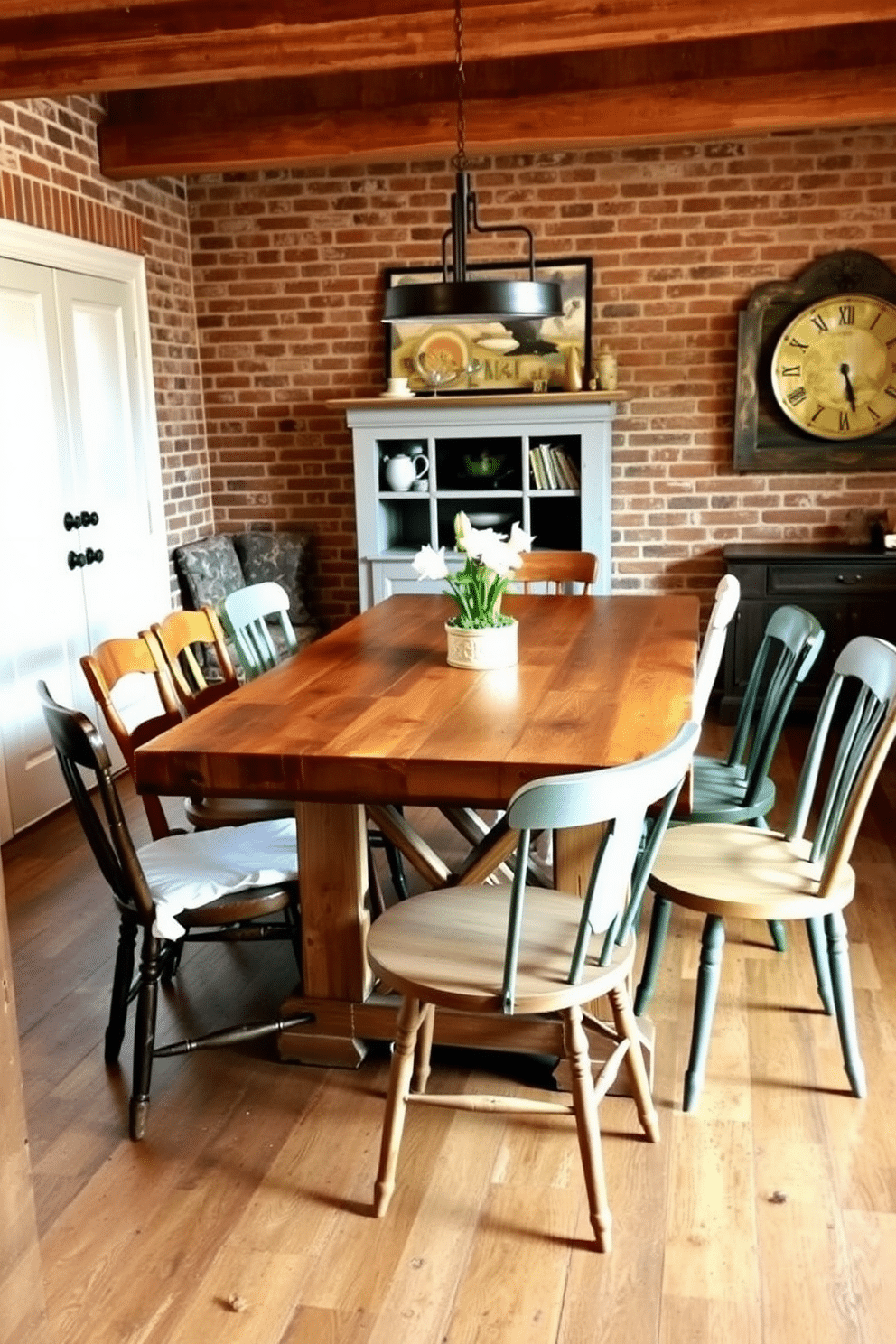 A reclaimed wood dining table with character takes center stage in this rustic dining room, surrounded by mismatched chairs that add charm and personality. The walls are adorned with exposed brick, and soft, warm lighting creates an inviting atmosphere, perfect for gatherings.