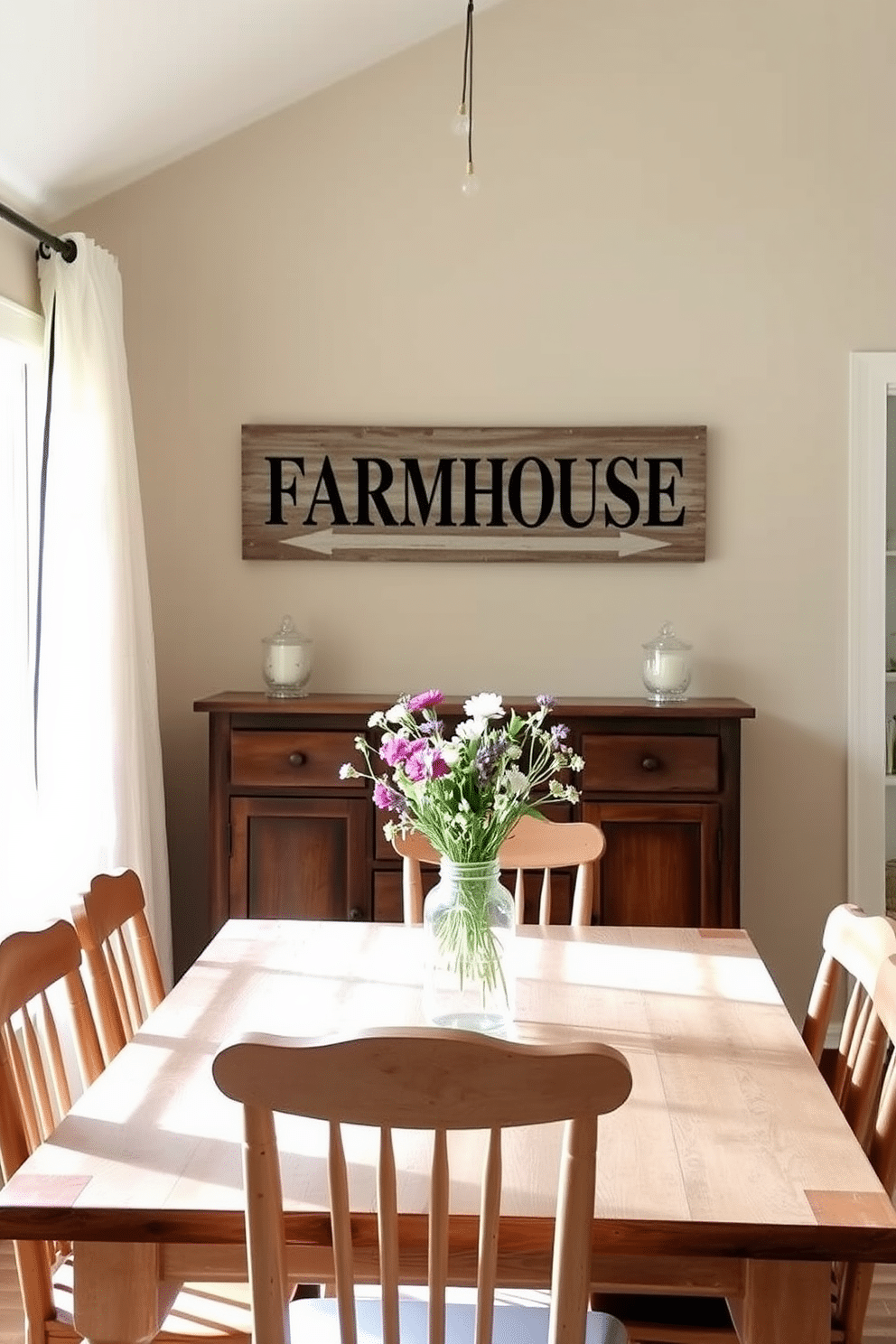 A rustic farmhouse sign hangs prominently on the wall, crafted from reclaimed wood with a distressed finish that adds character. The sign complements the warm, inviting atmosphere of the dining room, which features a large farmhouse table surrounded by mismatched wooden chairs. Soft, natural lighting filters through sheer curtains, casting a gentle glow on the rustic decor. A centerpiece of wildflowers in a mason jar sits atop the table, enhancing the room's charming, country aesthetic.