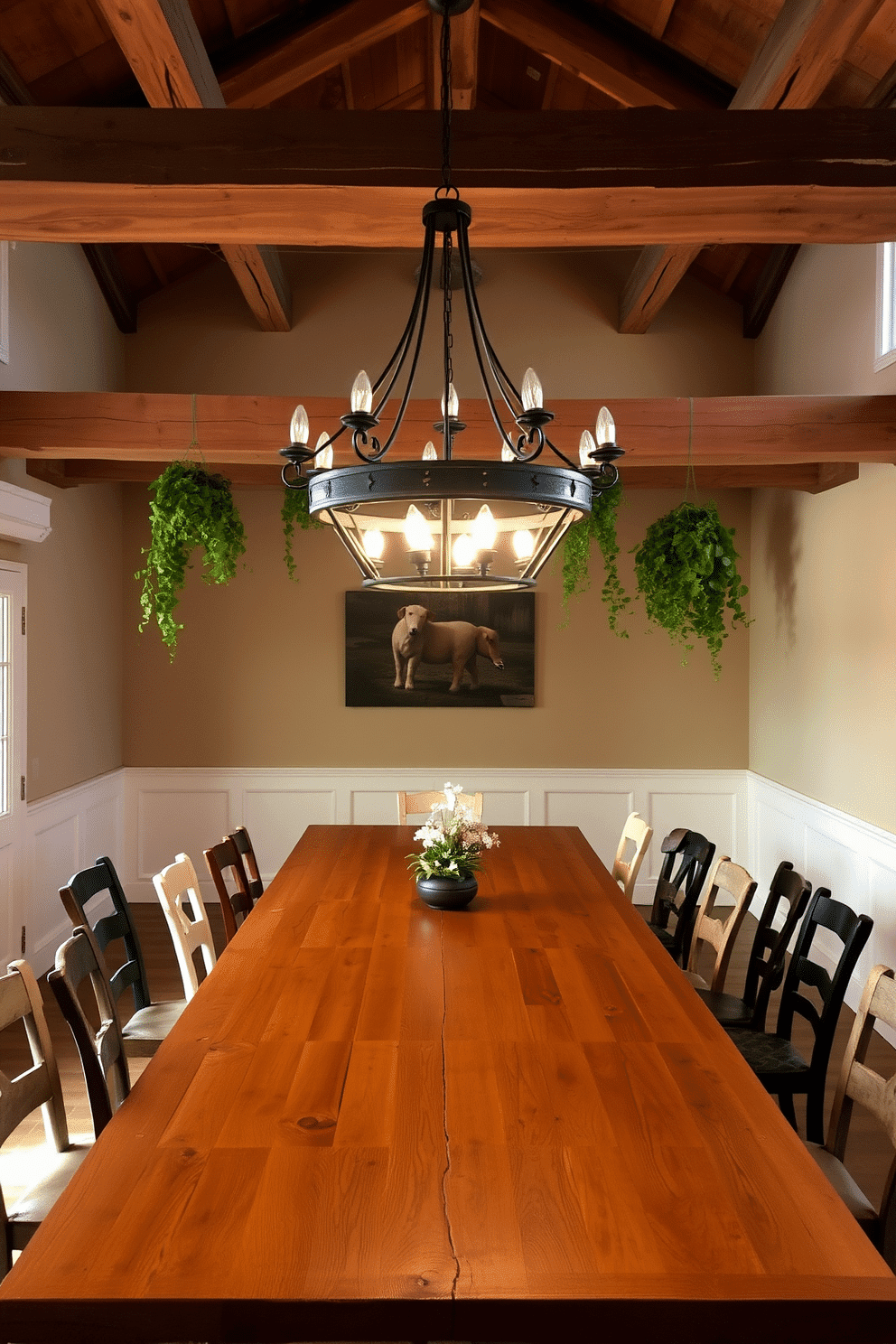 A rustic dining room featuring a large reclaimed wood table surrounded by mismatched chairs. Above the table, a wrought iron chandelier hangs, adorned with soft white bulbs, casting a warm glow over the space. The walls are painted in a soft beige, complemented by exposed wooden beams on the ceiling. Potted hanging greenery cascades from the beams, adding a touch of freshness and vibrancy to the rustic ambiance.