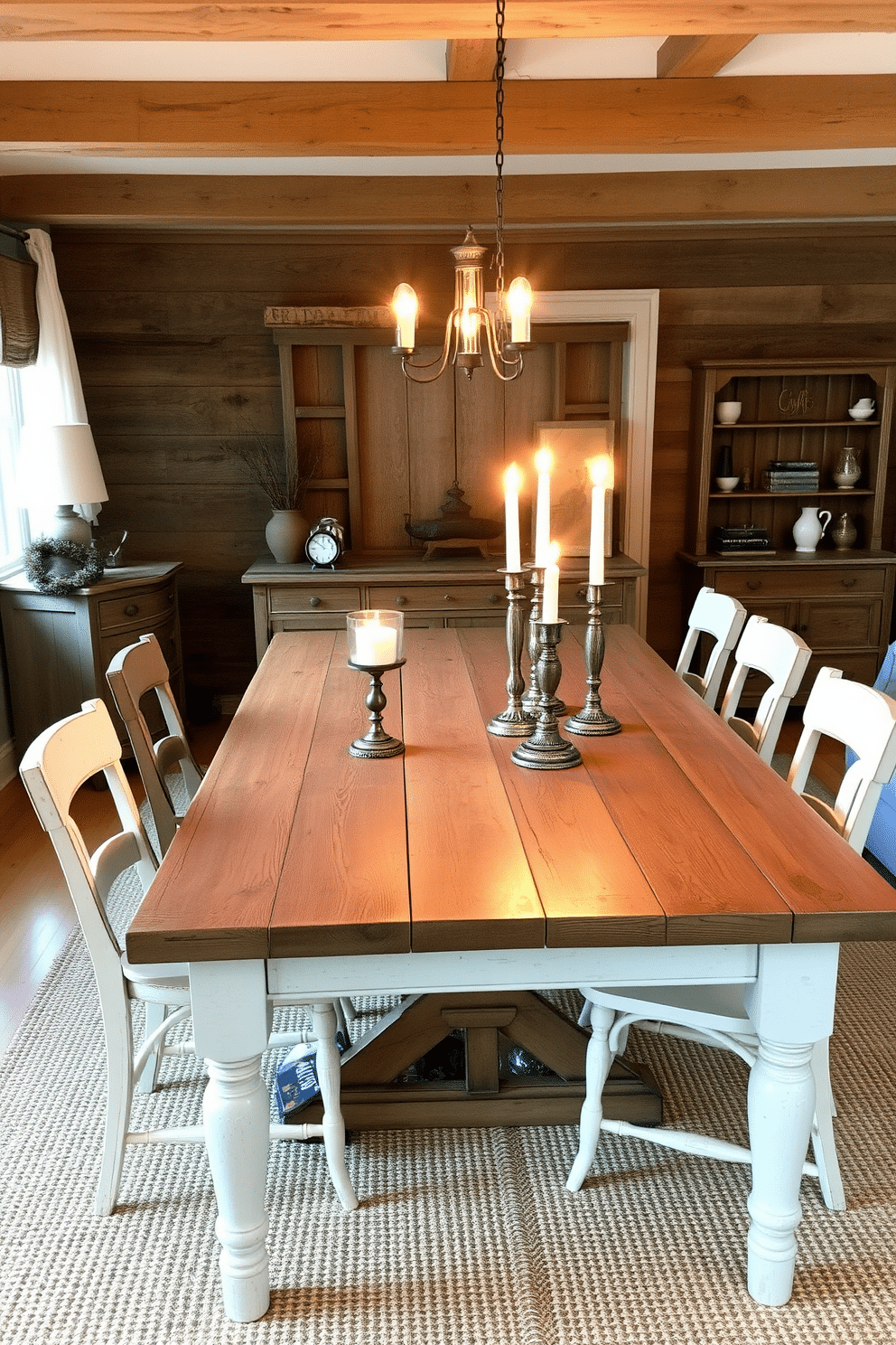 A cozy rustic dining room features a large wooden table with a distressed finish, surrounded by mismatched chairs that add character. Soft, warm lighting is provided by elegant candle holders positioned on the table, casting a gentle glow across the space. The walls are adorned with reclaimed wood paneling, enhancing the room's rustic charm. A vintage sideboard holds an array of decorative items, while a woven rug underfoot adds texture and warmth to the overall design.