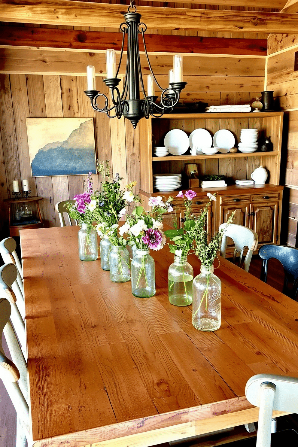 A rustic dining room featuring a large wooden table with a distressed finish, surrounded by mismatched chairs that add character. On the table, glass jars of various sizes serve as unique vases, filled with wildflowers and greenery, enhancing the natural ambiance. The walls are adorned with reclaimed wood paneling, creating a warm and inviting atmosphere. A vintage chandelier hangs above the table, casting a soft glow, while an open shelving unit displays rustic dishware and decorative items.