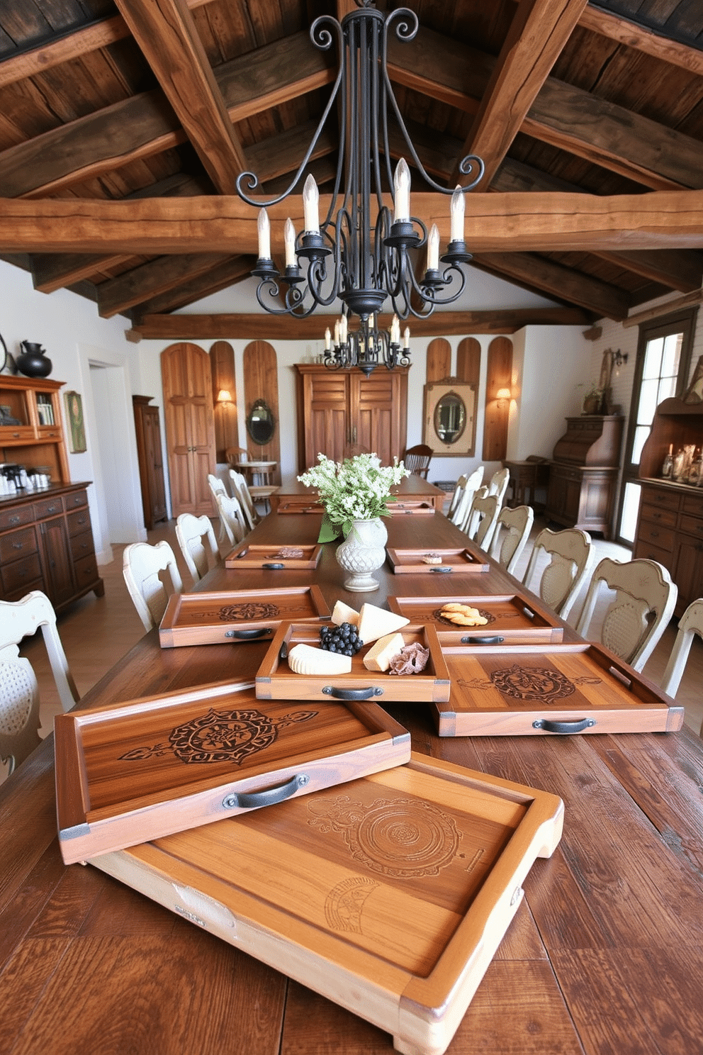 A collection of elegant wooden serving trays arranged on a rustic dining table. The trays feature intricate carvings and are accompanied by artisanal cheese and charcuterie, enhancing the inviting atmosphere of the space. A rustic dining room with exposed wooden beams and a large farmhouse table at its center. Surrounding the table are mismatched vintage chairs, and the room is adorned with warm lighting from wrought iron fixtures, creating a cozy and welcoming environment.