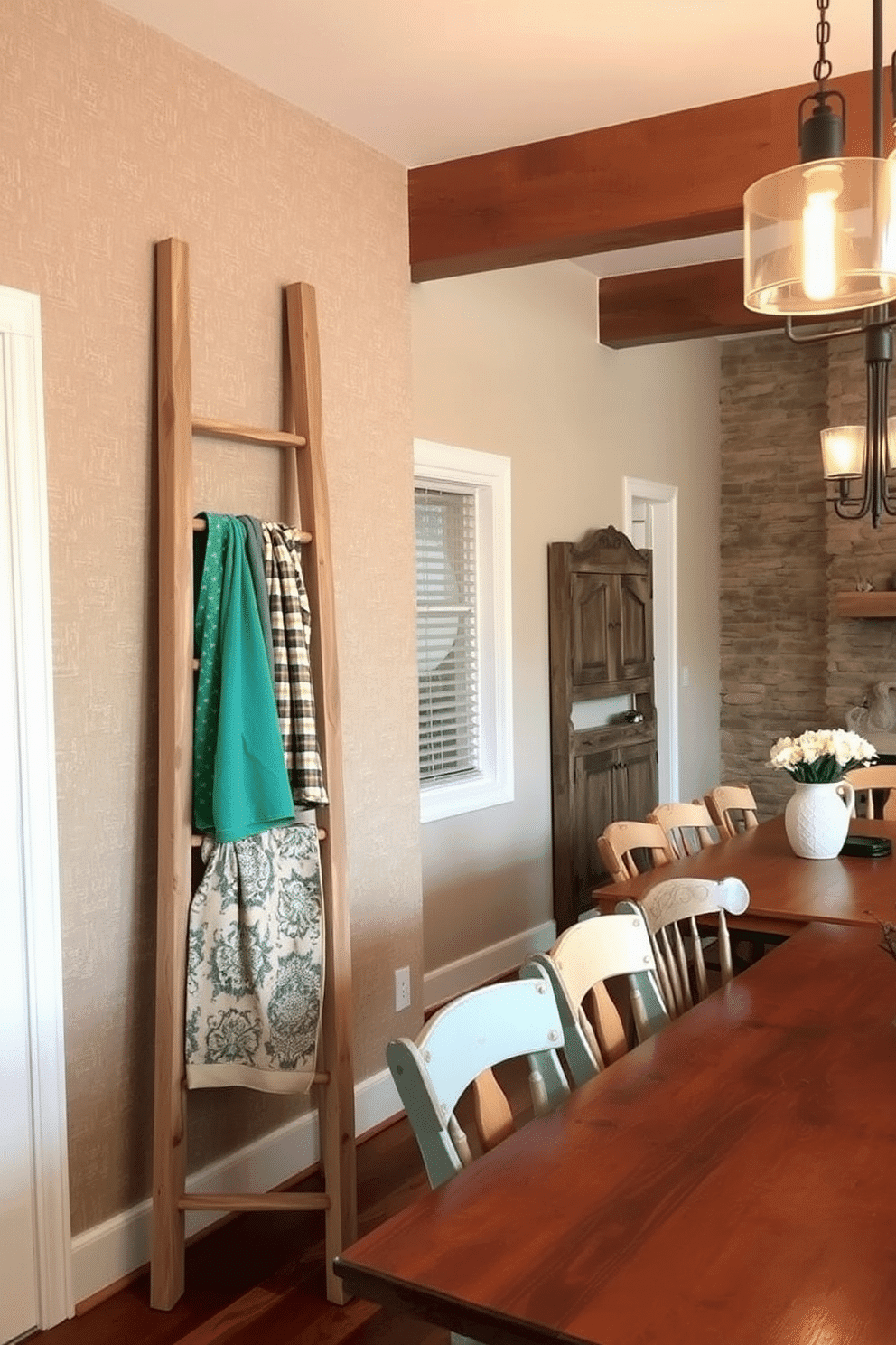 A rustic ladder made of reclaimed wood leans against a textured wall, showcasing a collection of vibrant dish towels in various patterns. The ladder's natural finish complements the warm tones of the surrounding decor, creating an inviting and homey atmosphere. The dining room features a large wooden table with a distressed finish, surrounded by mismatched chairs that add character and charm. Soft, ambient lighting hangs overhead, illuminating the space and highlighting the rustic elements like exposed beams and a stone accent wall.