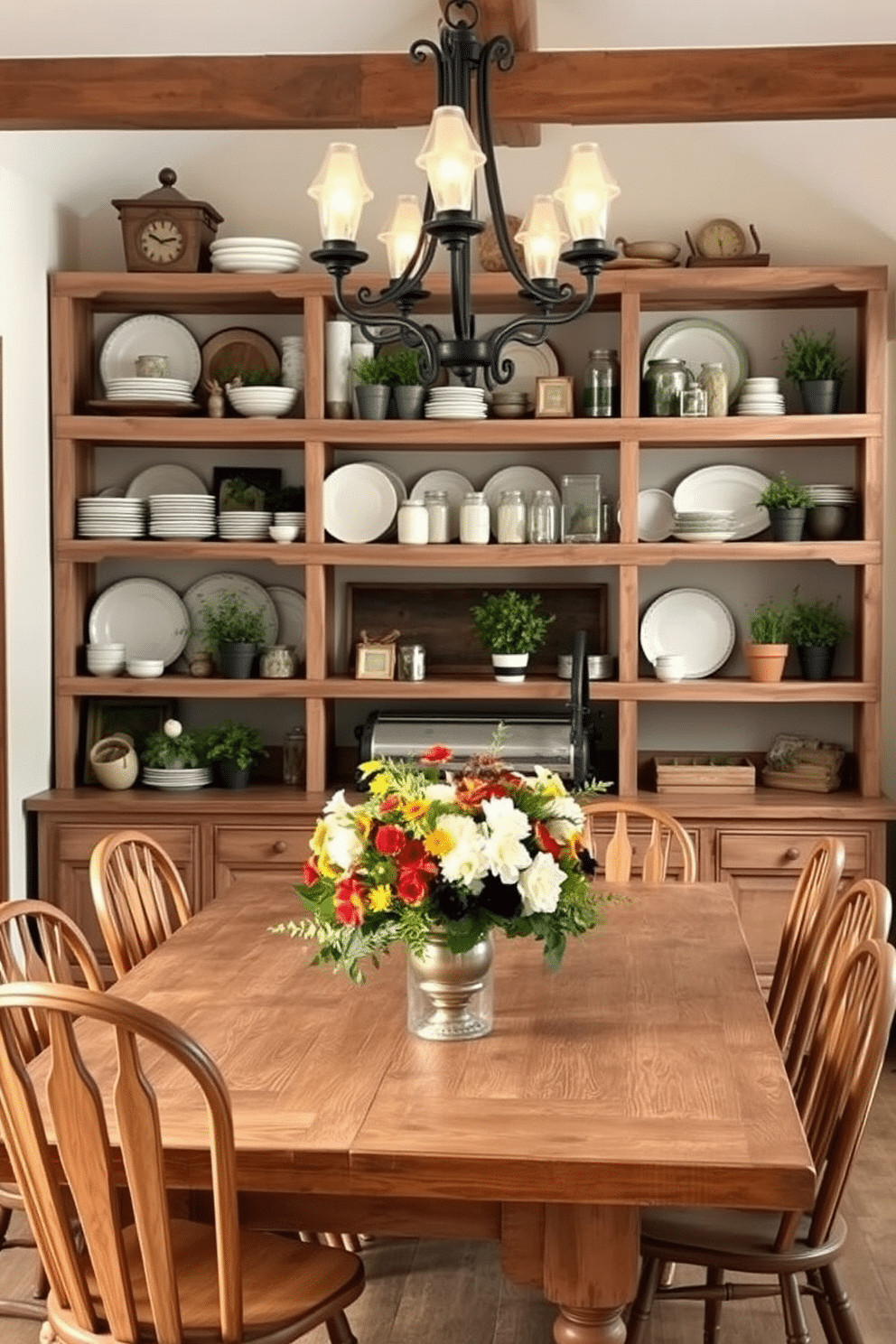 A rustic dining room features open shelving beautifully displaying an array of handcrafted dishes and rustic decor items. The shelves, made of reclaimed wood, are adorned with vintage plates, mason jars, and potted herbs, creating a warm and inviting atmosphere. The dining table, a large farmhouse style with a distressed finish, is surrounded by mismatched wooden chairs that add character to the space. Soft, ambient lighting from a wrought-iron chandelier enhances the cozy feel, while a centerpiece of seasonal flowers brings a touch of nature indoors.