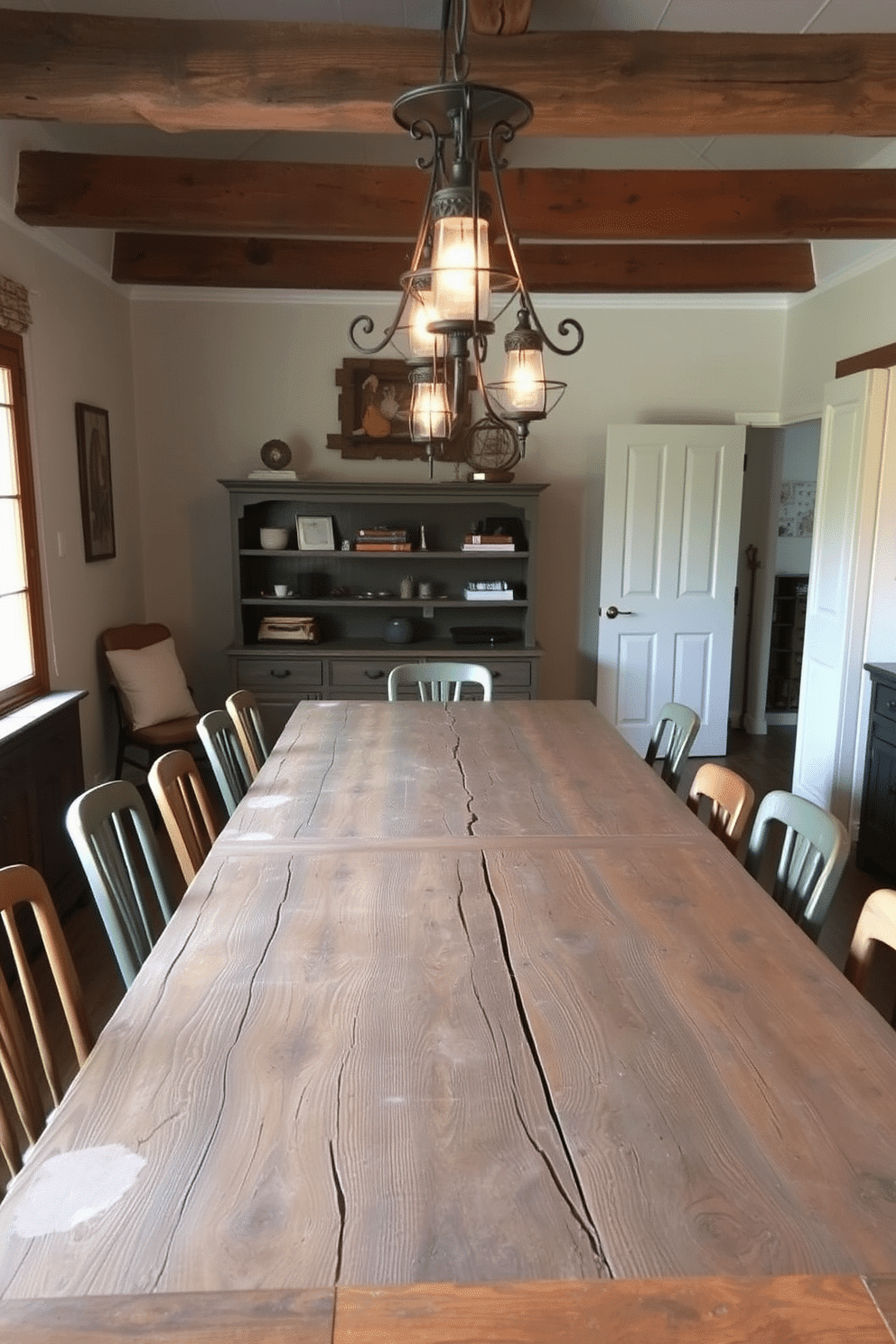 A rustic dining room features a large wooden table with a weathered finish, surrounded by mismatched chairs that add character and charm. Above the table, a set of hanging pendant lights with wrought iron accents provides warm illumination, casting a cozy glow over the space.