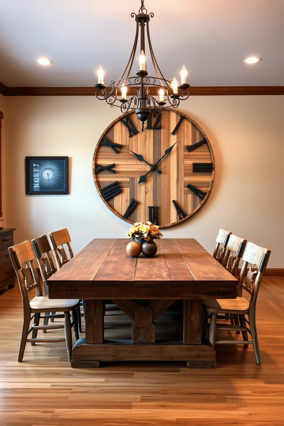 A rustic dining room features a large wooden table with a weathered finish, surrounded by mismatched chairs that add character and charm. A stunning rustic wall clock, made of reclaimed wood, serves as the focal point on the far wall, drawing attention with its oversized design and vintage appeal. The room is illuminated by a wrought iron chandelier that hangs above the table, casting a warm glow on the space. Earthy tones dominate the decor, with accents of deep reds and greens that complement the natural wood elements throughout the room.