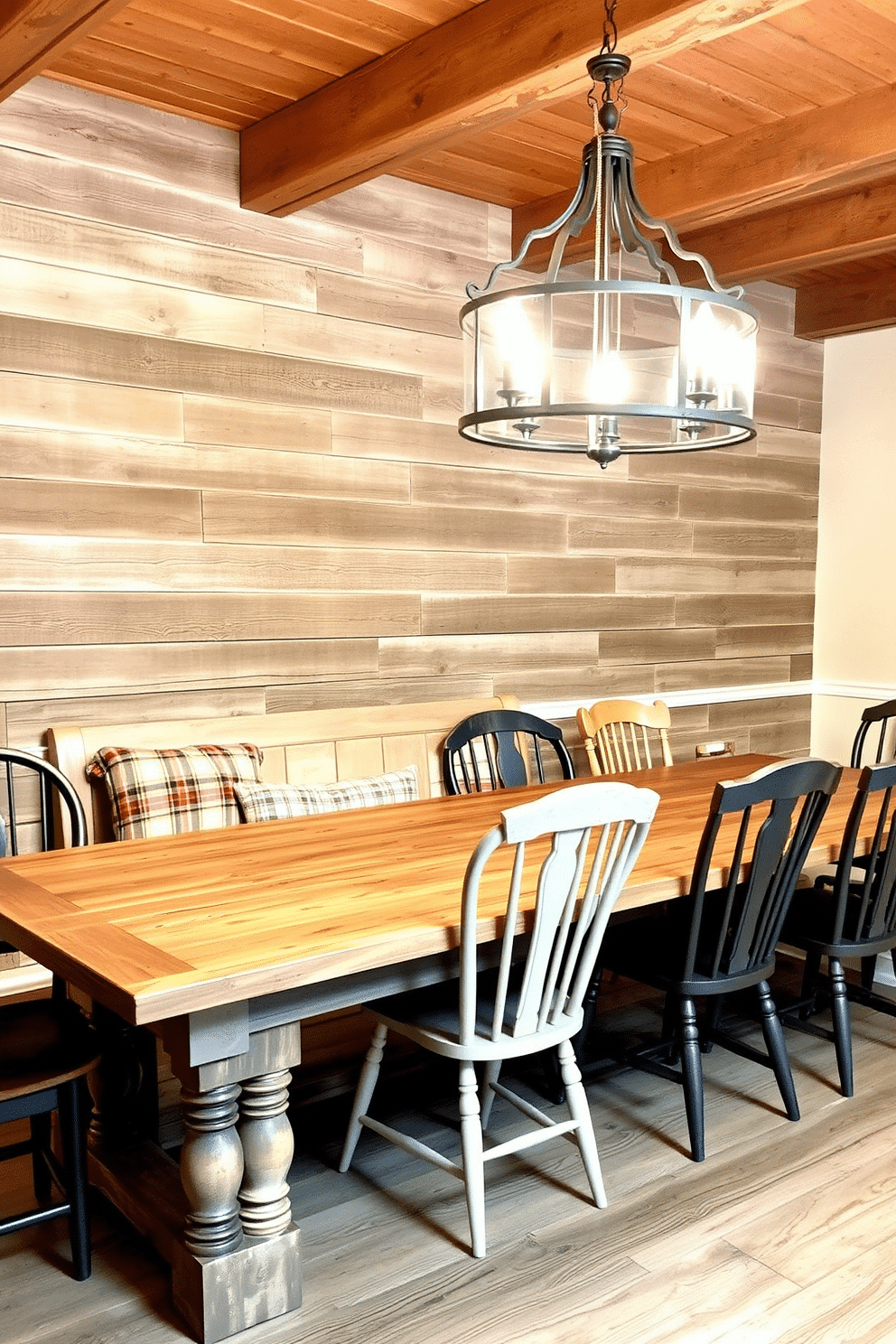 A charming farmhouse-style bench is placed against a weathered wood wall, featuring a soft, plaid cushion for added comfort. Surrounding the bench are mismatched dining chairs, each with a unique finish, creating a warm and inviting atmosphere. The rustic dining room is adorned with a large, reclaimed wood table that showcases natural imperfections. Overhead, a wrought-iron chandelier hangs, casting a warm glow on the space while accentuating the exposed beam ceiling.