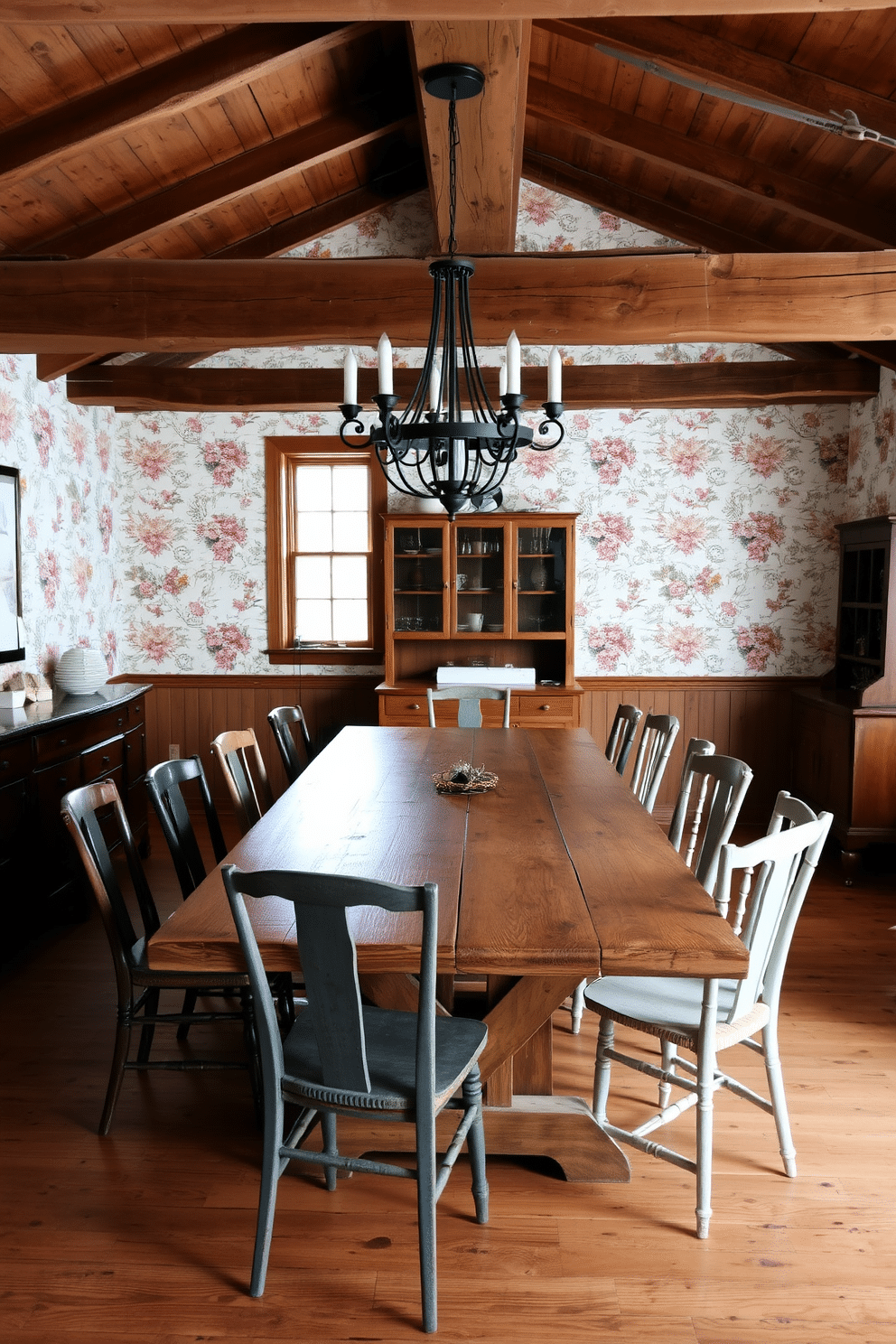 Natural wood beams stretch across the ceiling, adding warmth and character to the rustic dining room. A large farmhouse table made of reclaimed wood is surrounded by mismatched chairs, creating an inviting and homey atmosphere. The walls are adorned with vintage-style wallpaper featuring floral patterns that enhance the rustic charm. A wrought iron chandelier hangs above the table, casting a soft glow over the space during evening gatherings.