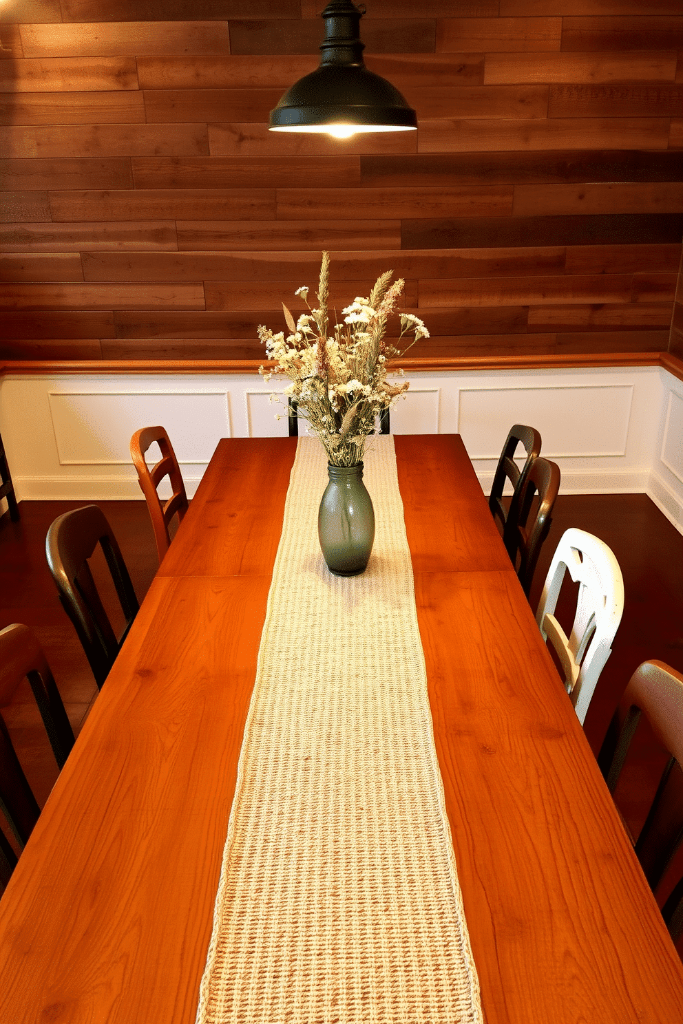 A rustic dining room features a long wooden table adorned with a textured table runner in earthy tones. Surrounding the table are mismatched chairs, each with its own unique finish, creating a cozy and inviting atmosphere. On the table, a centerpiece of wildflowers in a vintage vase complements the rustic decor. The walls are adorned with reclaimed wood paneling, and soft, warm lighting hangs overhead, enhancing the room's charm.