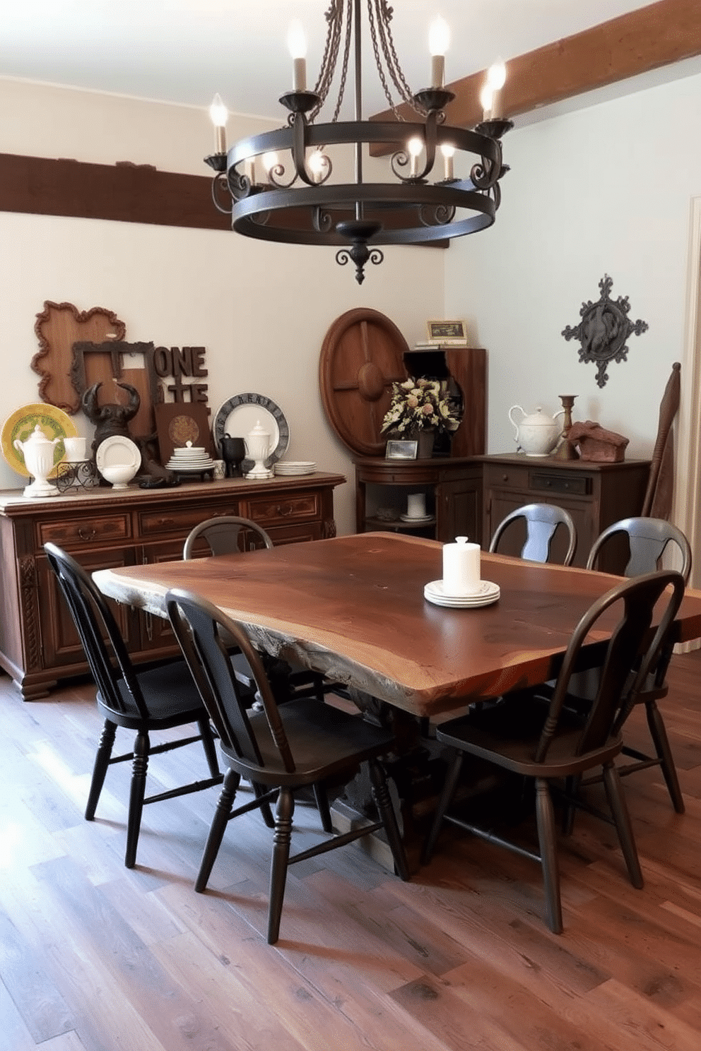 A charming rustic dining room features an antique sideboard made of reclaimed wood, showcasing intricate carvings and a rich patina. The sideboard is adorned with vintage dinnerware and a collection of rustic decor, creating a warm and inviting atmosphere. The dining table, crafted from a large wooden slab, is surrounded by mismatched chairs that add character and charm. Soft, ambient lighting from a wrought-iron chandelier casts a cozy glow over the room, enhancing the rustic aesthetic.