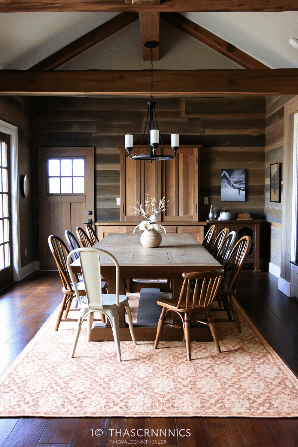 A rustic dining room featuring a large wooden table surrounded by mismatched chairs, each with a unique design. Underneath, a cozy area rug adds warmth, showcasing earthy tones and a subtle geometric pattern that complements the rustic aesthetic.